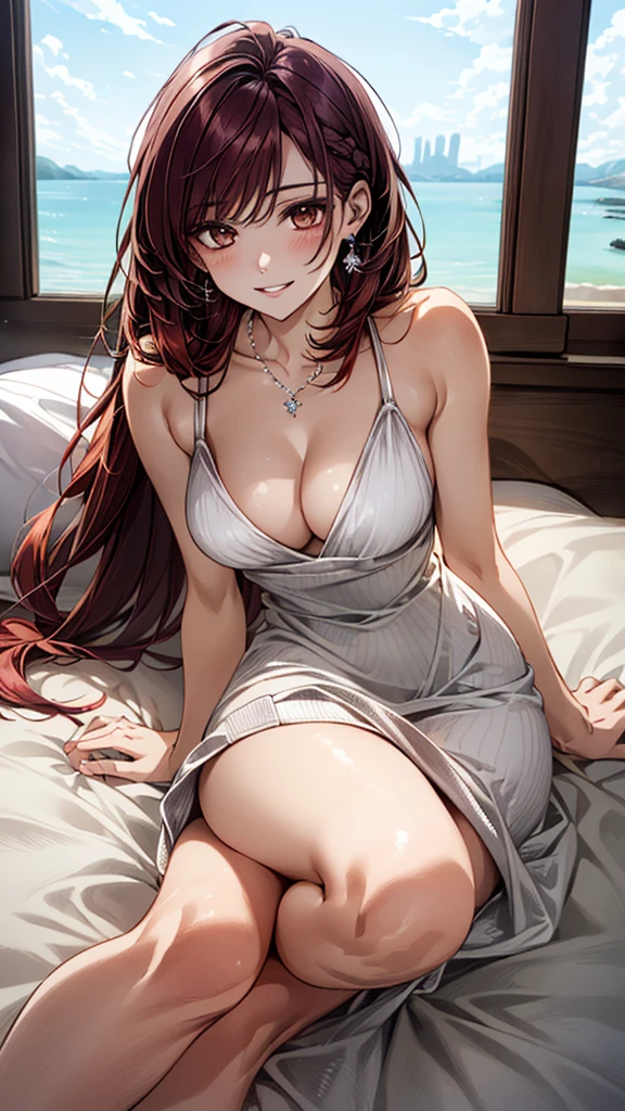 (masterpiece:1.3, Highest quality, Ultra-high resolution:1.2, Super detailed、8K), (Realistic, photoRealistic:1.4), Beautiful illustrations, Perfect lighting, colorful, Depth of written boundary, Beautiful detailed hair, Beautifully detailed face, Beautiful fine details, Droopy eyes、Beautiful clavicle, Beautiful body, 美しいLarge Breasts, Beautiful thighs, Beautiful feet, Beautiful fingers, View Viewer、Front view:0.6, Beauty1人, Japanese, Beauty、30 years old, Perfect Face, (Perfect Anatomy, Anatomically correct), Cute and symmetrical face, Baby Face, , Shiny skin,(Orange A-line knit dress:1.4), (deep purple hair, Medium Straight Hair:1.4), braided bangs、Dark brown eyes, (Large Breasts, Slim body), necklace, Small earrings:1.1, (Beautiful views), (night),( A luxury hotel room),((Lying in bed)), Sexy pose、A soft smile、(Smile, Lips parted),