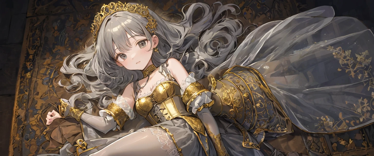 1people、8 year old medieval girl, In underwear、Gold and silver thread embroidery、Knee-length semi-transparent bloomers(Drawers)Wearing、Wearing a semi-transparent corset、Translucent slip, Grey translucent tights、sleep
