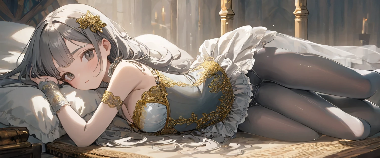 8 year old medieval girl, １people、In underwear、Gold and silver thread embroidery、Translucent underwear drawers that reach below the knee（bloomers）Wearing、Wearing a semi-transparent corset、Translucent slip, Grey translucent tights、sleep