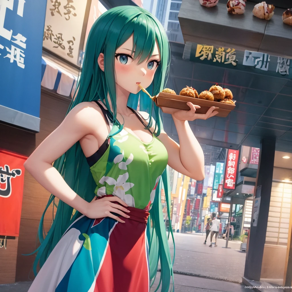 Create a sexy girl with long, flowing blue red and alluring green or amethyst eyes. Dress theme Athletic prep, currently in Tokyo Japan,  Eating takoyaki.