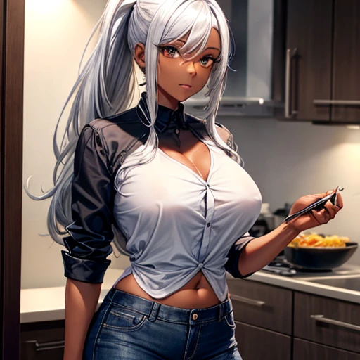 A dark-skinned woman with silver hair in a ponytail, Wearing a black dress shirt and slim jeans, making omelet rice　Showing your belly button