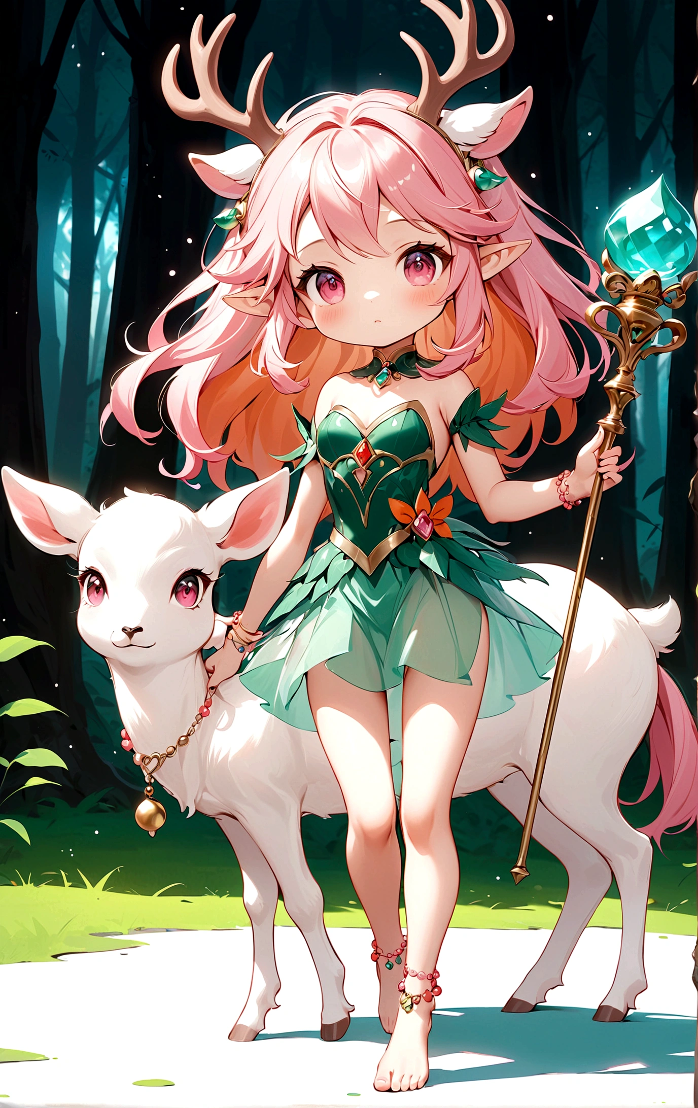 game character,Cartoon anime style,beautiful girl,Cute expression,Fluffy pink hair,Pink Eyes,Cute pink deer antlers,Elf ears,Orange tulle short skirt,Metal gem-encrusted scepter glows,Slender legs,Standing barefoot,Bells on anklets。(((Correct human anatomy))),In the magic forest,A cute white deer