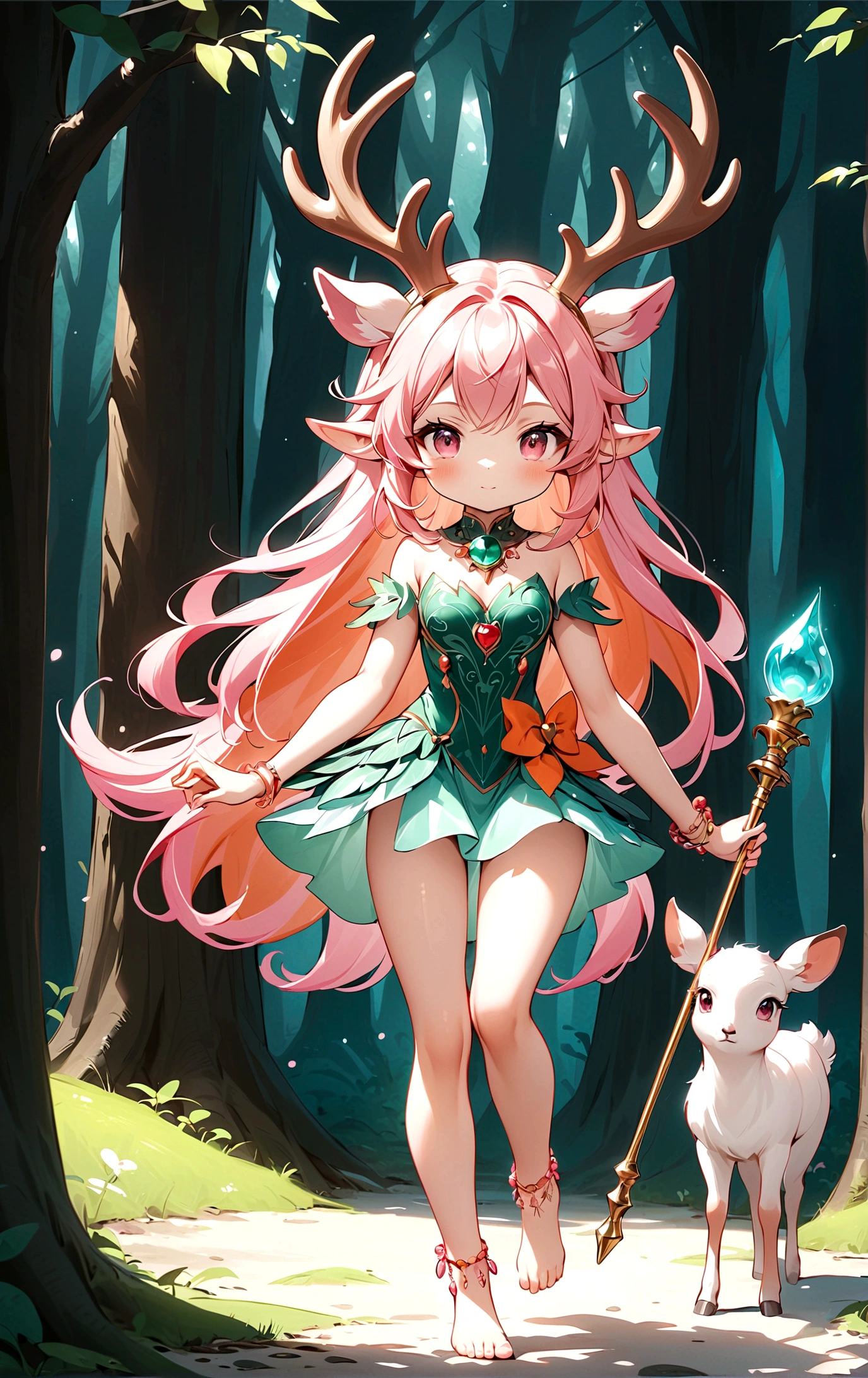 game character,Cartoon anime style,beautiful girl,Cute expression,Fluffy pink hair,Pink Eyes,Cute pink deer antlers,Elf ears,Orange tulle short skirt,Metal gem-encrusted scepter glows,Slender legs,Standing barefoot,Bells on anklets。(((Correct human anatomy))),In the magic forest,A cute white deer