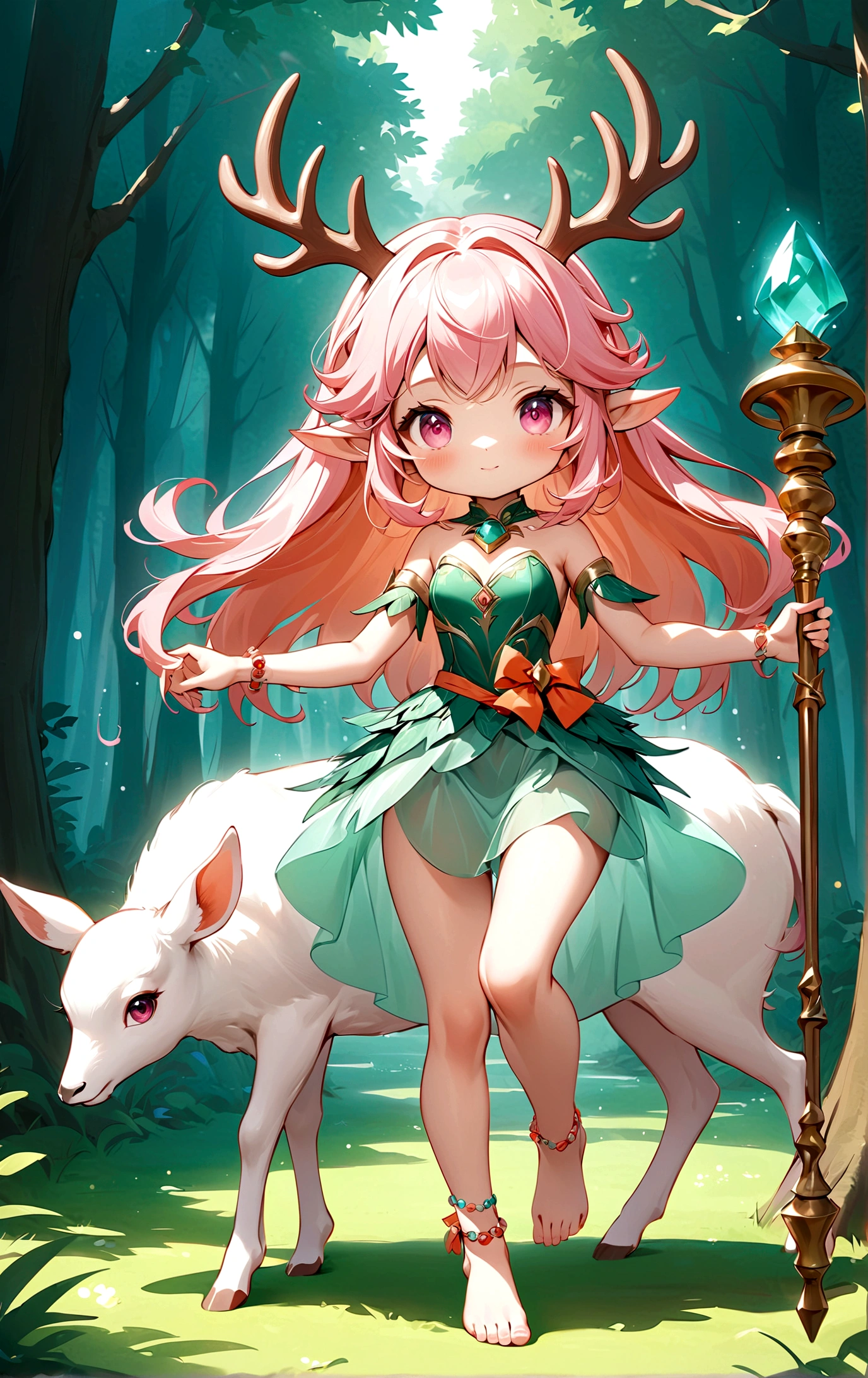 game character,Cartoon anime style,beautiful girl,Cute expression,Fluffy pink hair,Pink Eyes,Cute pink deer antlers,Elf ears,Orange tulle short skirt,Metal gem-encrusted scepter glows,Slender legs,Standing barefoot,Bells on anklets。(((Correct human anatomy))),In the magic forest,A cute white deer