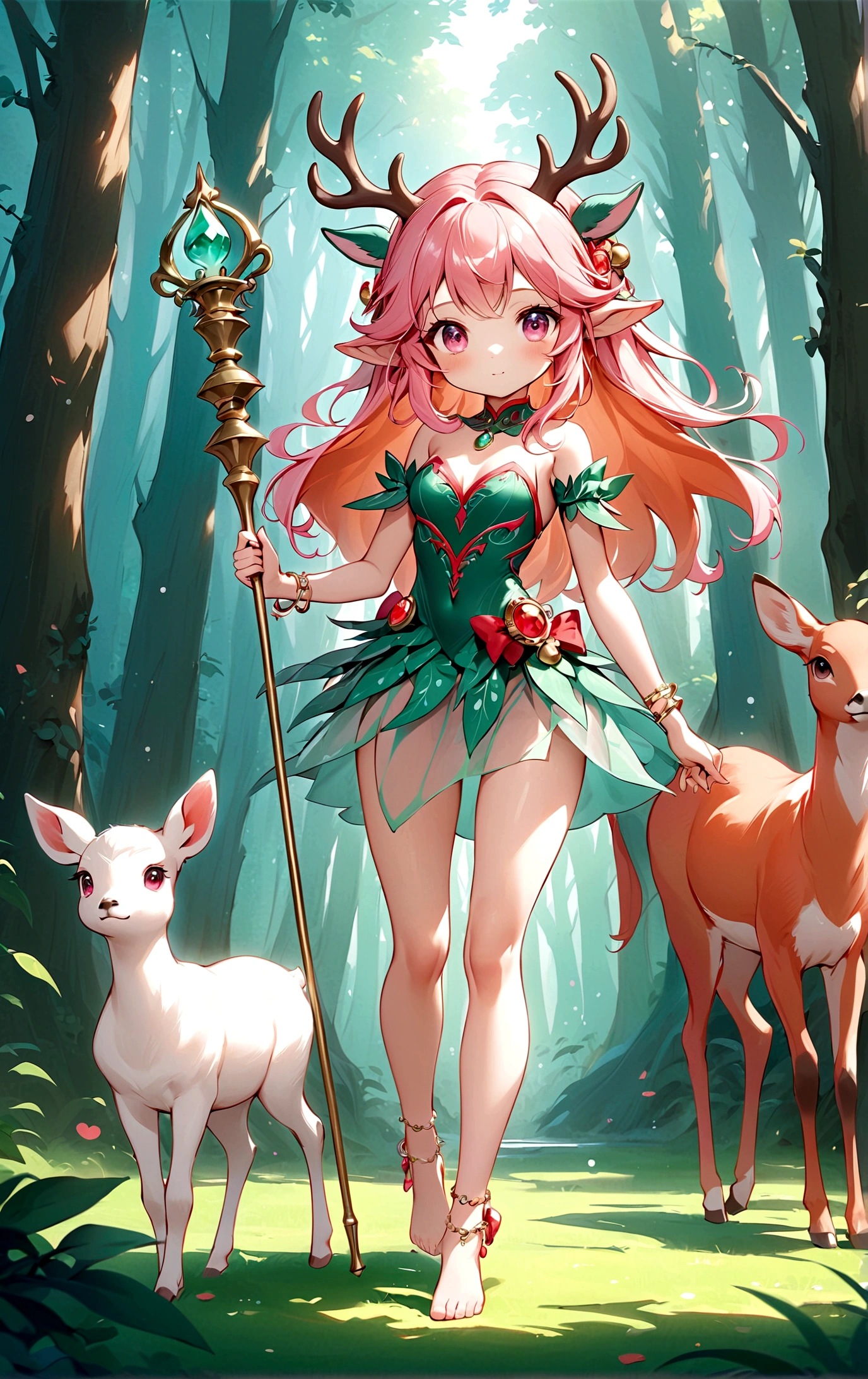 game character，Cartoon anime style，beautiful girl，Cute expression，Fluffy pink hair，Pink Eyes，Cute pink deer antlers，Elf ears，Orange tulle short skirt，Metal gem-encrusted scepter glows，Slender legs，Standing barefoot，Bells on anklets。(((Correct human anatomy)))，In the magic forest，A cute white deer