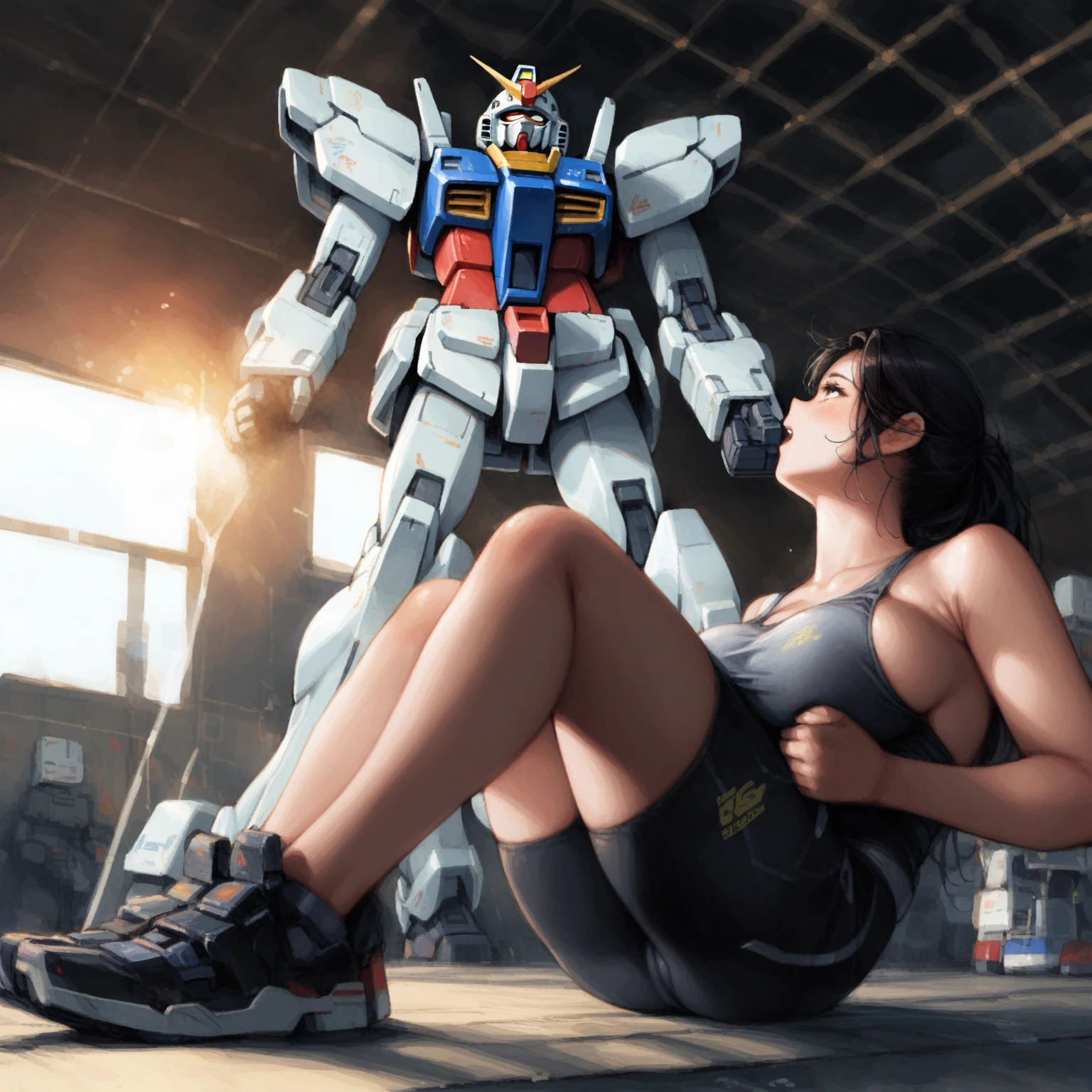 1girl、Doing abdominal exercises during training、Gundam、Big Breasts、tegaki