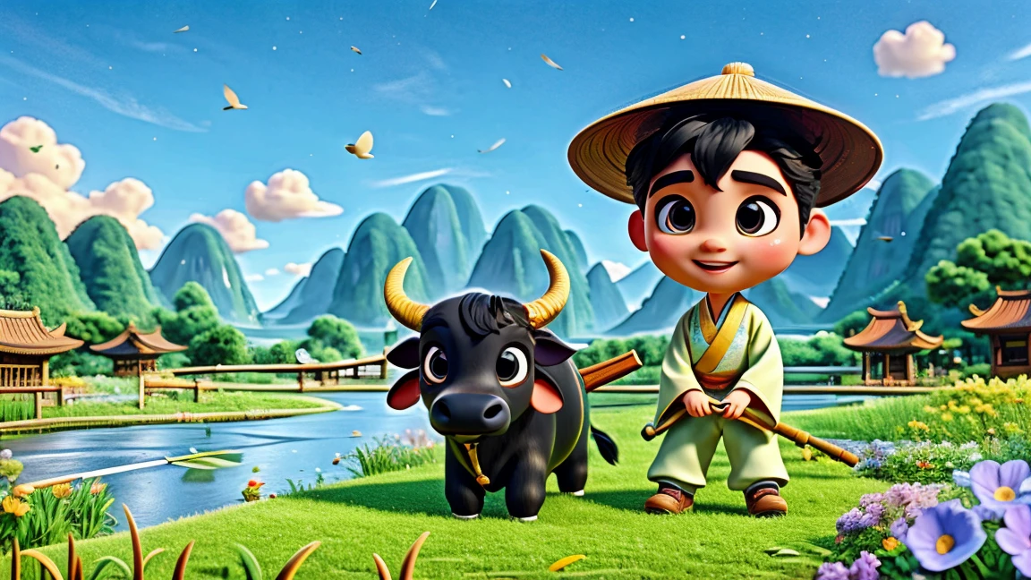 During the Qingming Festival, light rain, A woman wearing light-colored Hanfu、Cute Chinese boy wearing a straw hat riding on a black bull, Flute, Reminiscent of the characters in Pop Mart. They were in a field with a river., grassland, and mountains in the distance, Under the sky with birds circling, Depicting the vibrant spring life. This boy is presented in Disney Pixar style, big, Watery eyes and bright colors. This scene uses ray tracing and Octane rendering techniques to achieve the wide angle view, With clay-like texture and dynamics, Animated Lighting. This 3D artwork was created using C4D, oc rendering, and Blender, Show rich details and high quality.