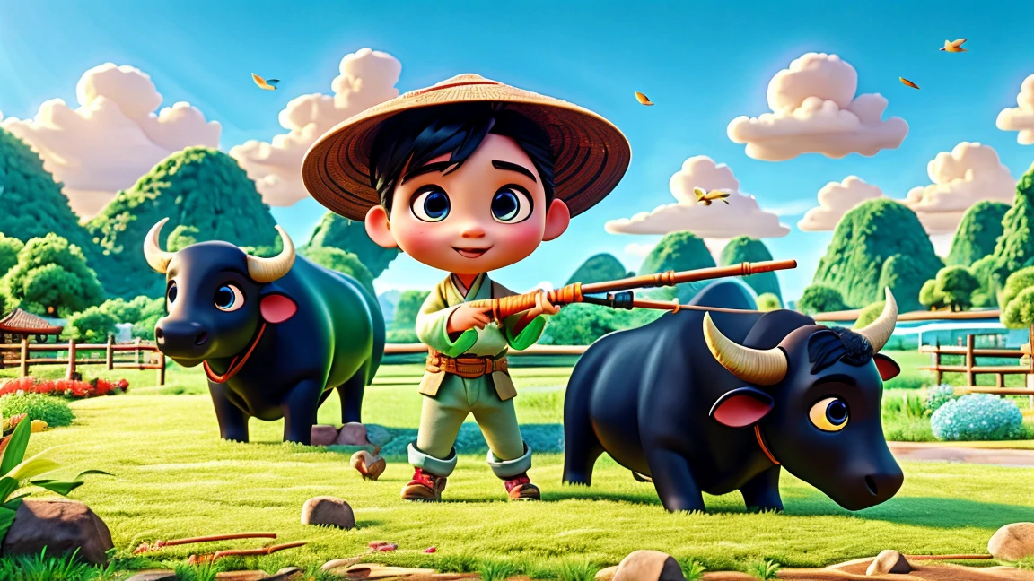 During the Qingming Festival, light rain, A woman wearing light-colored Hanfu、Cute Chinese boy wearing a straw hat riding on a black bull, Flute, Reminiscent of the characters in Pop Mart. They were in a field with a river., grassland, and mountains in the distance, Under the sky with birds circling, Depicting the vibrant spring life. This boy is presented in Disney Pixar style, big, Watery eyes and bright colors. This scene uses ray tracing and Octane rendering techniques to achieve the wide angle view, With clay-like texture and dynamics, Animated Lighting. This 3D artwork was created using C4D, oc rendering, and Blender, Show rich details and high quality.