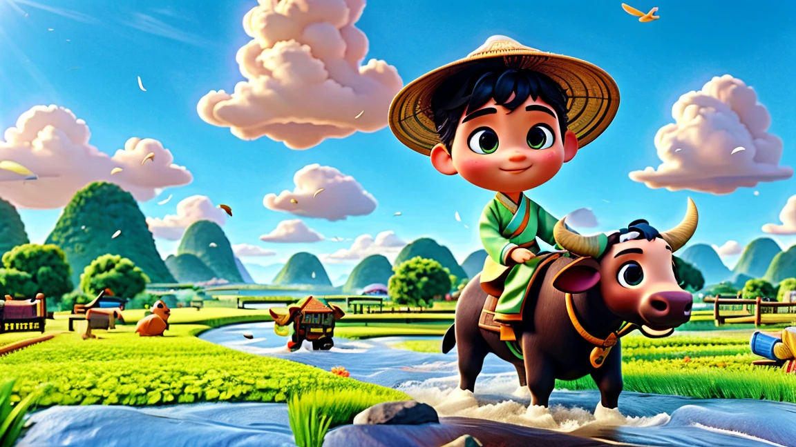During the Qingming Festival, light rain, A woman wearing light-colored Hanfu、Cute Chinese boy wearing a straw hat riding on a black bull, Flute, Reminiscent of the characters in Pop Mart. They were in a field with a river., grassland, and mountains in the distance, Under the sky with birds circling, Depicting the vibrant spring life. This boy is presented in Disney Pixar style, big, Watery eyes and bright colors. This scene uses ray tracing and Octane rendering techniques to achieve the wide angle view, With clay-like texture and dynamics, Animated Lighting. This 3D artwork was created using C4D, oc rendering, and Blender, Show rich details and high quality.