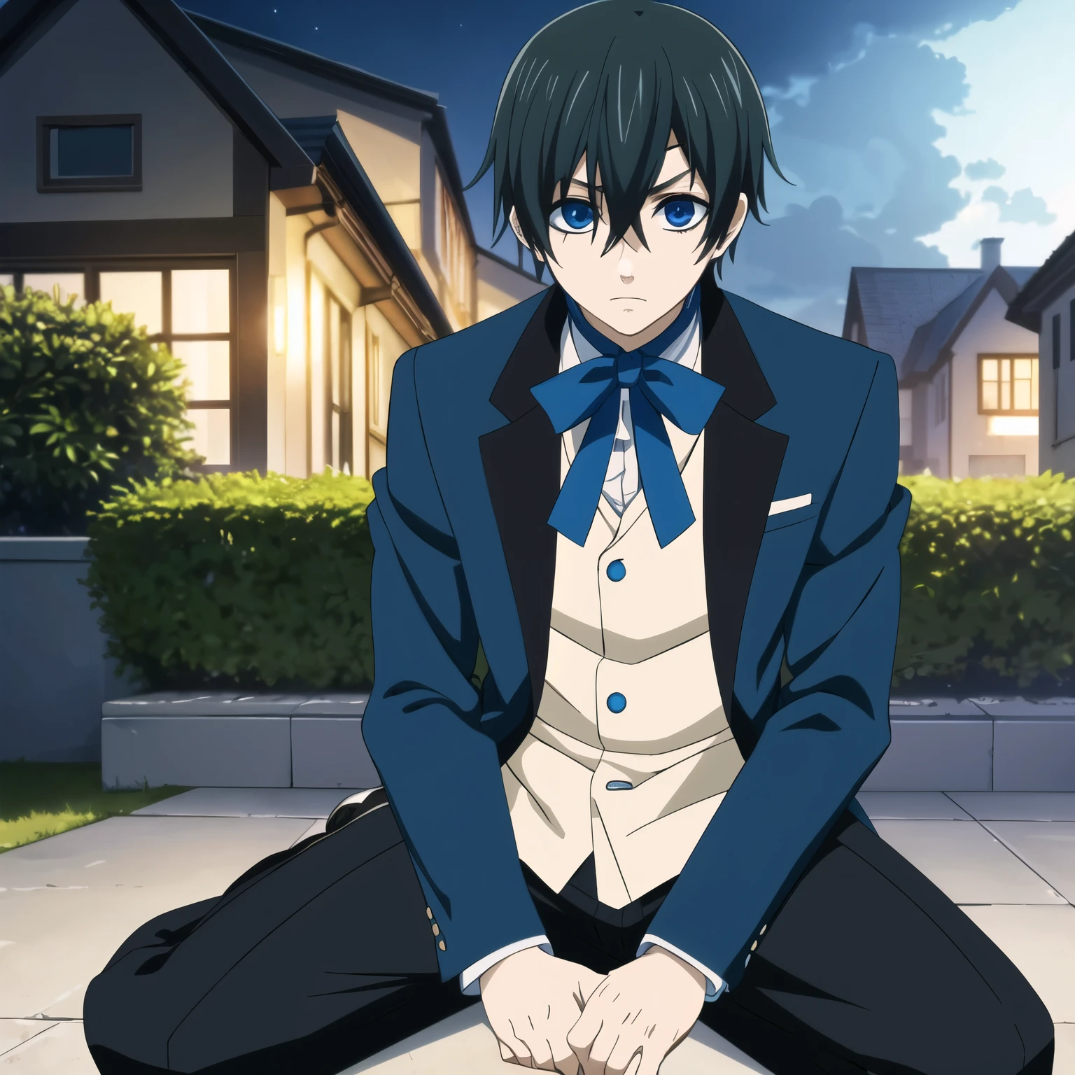 masterpiece, best quality, game cg, 1boy, solo, male focus, looking at viewer, , , , , ciel_phantomhive, black hair, blue eyes,Sitting on the ground, house on fire, sad expression,at night