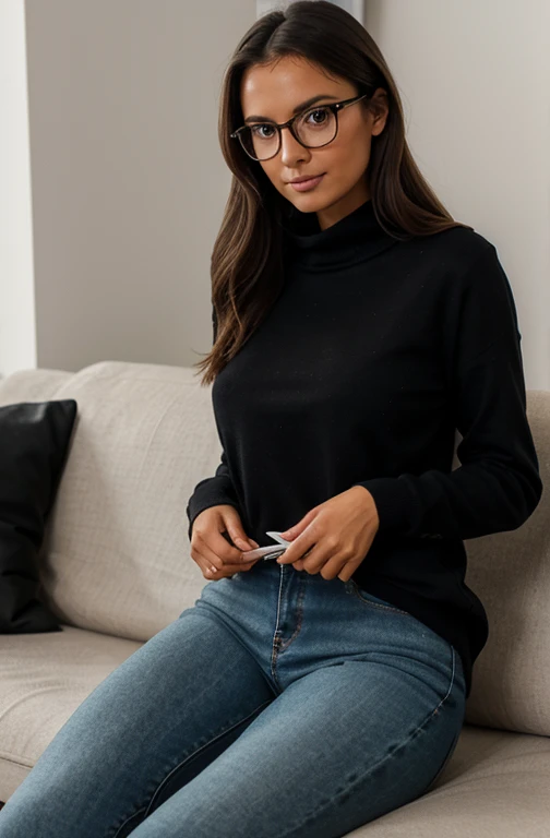 26 year old Slavic girl a little tanned, eyeglasses, porte un pull col roulé ???? assez chic et long, tight jeans , a few extra pounds, on his couch in the evening, she has a tanned complexion
