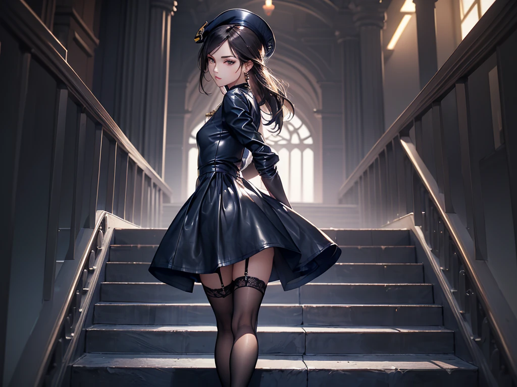 ((Biologically correct limb count))、((Full Body Shot, Full-body photo including face、Head to toe photos))、4K、masterpiece、((Focus on the face))、((Symmetrical facial features))、Eyes of meticulous depiction、One beautiful woman、Excellent style、(Black garter stockings、High heels with anklets)、Detailed Description、Small earrings、necklace、(Low - Angle)((Navy blue tight leather dress))、Looking back while climbing stairs、Focus on the face