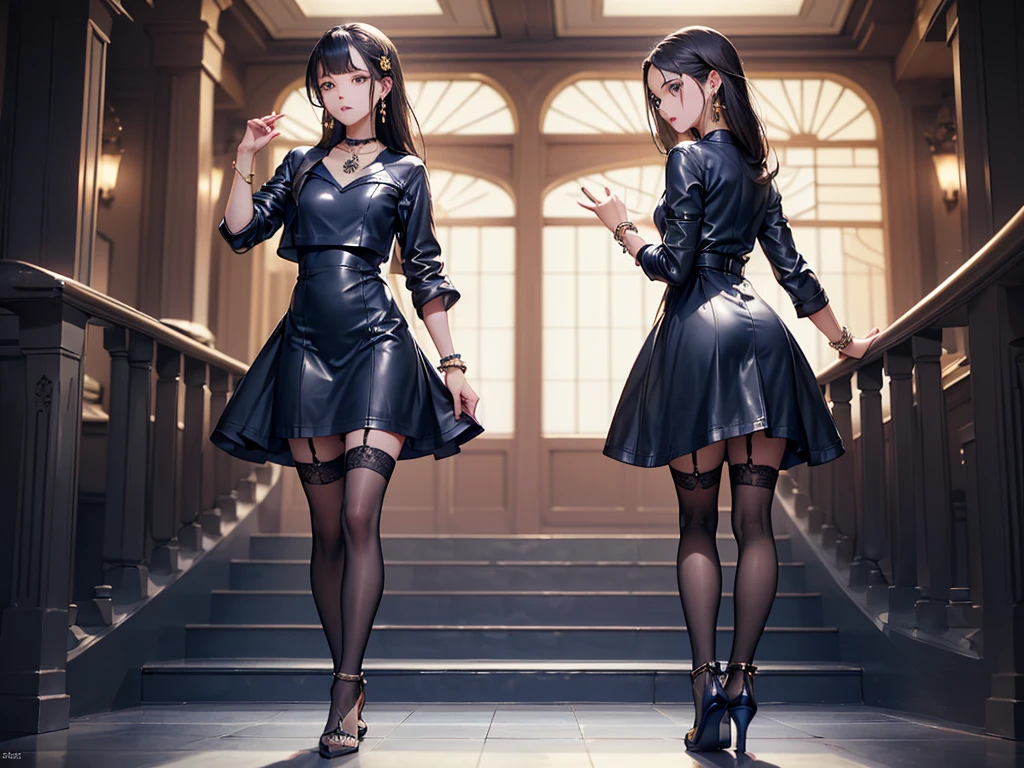 Female clowns, with a masterful touch, transform the skin of women they shake hands with into rubber-suited clowns, donning an enamel Gothic Lolita Suit. The glossy, glass-smooth black enamel fabric gleams under the spotlight, reflecting intricately as the clowns move in synchronization. Each detail on their suits, from the knee-high boots to the laces, is rendered in ultra-realistic and highly detailed CG, creating an otherworldly atmosphere.The enamel suits (1.5) are adorned with vibrant, luminescent particles that flicker and dance in the HDR lighting,