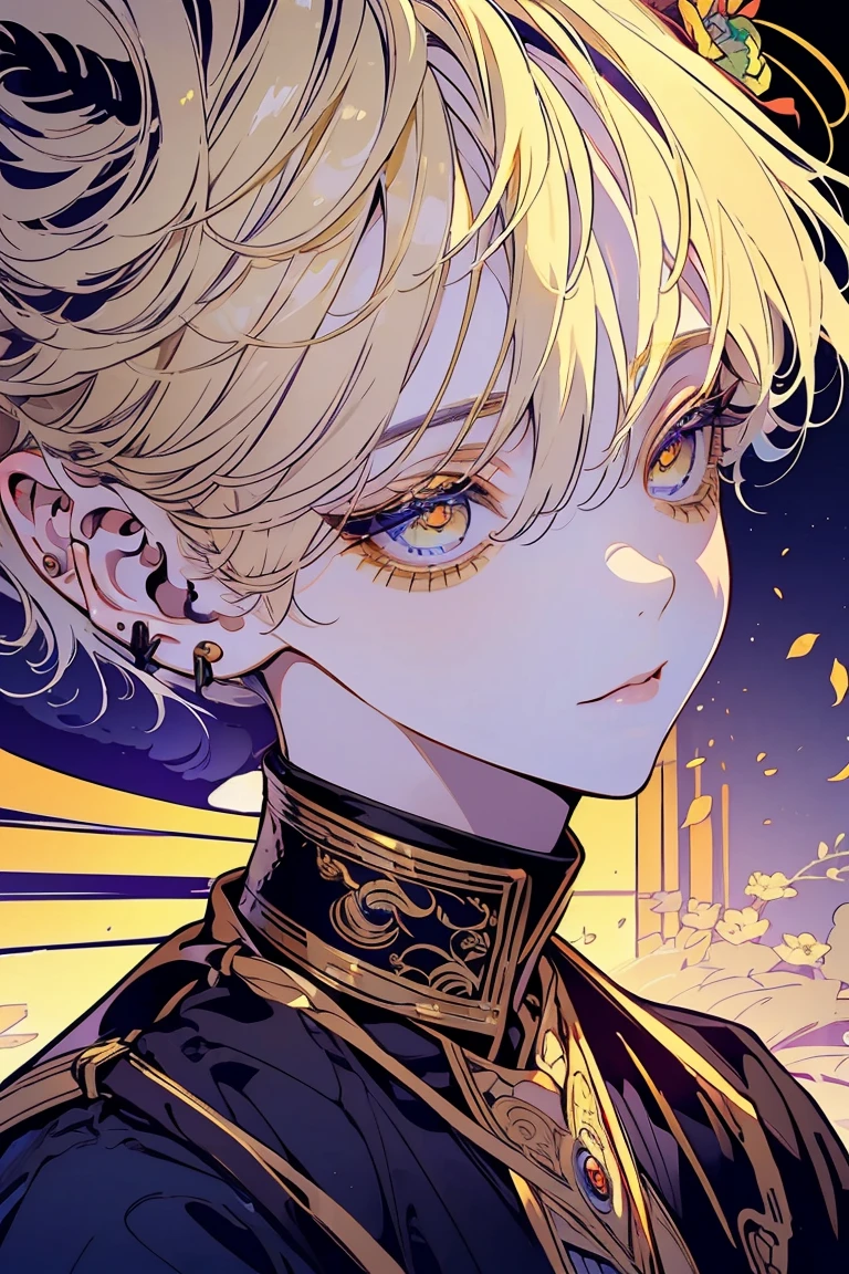 (Mastepiece), (Best Quality), Very detailed, 1 boy, Solo Shooting, Perfect Face, Beautiful Face, Very detailed顔,(Blonde:1.3),(Big eyes:1.4),(Long eyelashes:1.4)、(Golden Eyes:1.3)、Lots of flowers