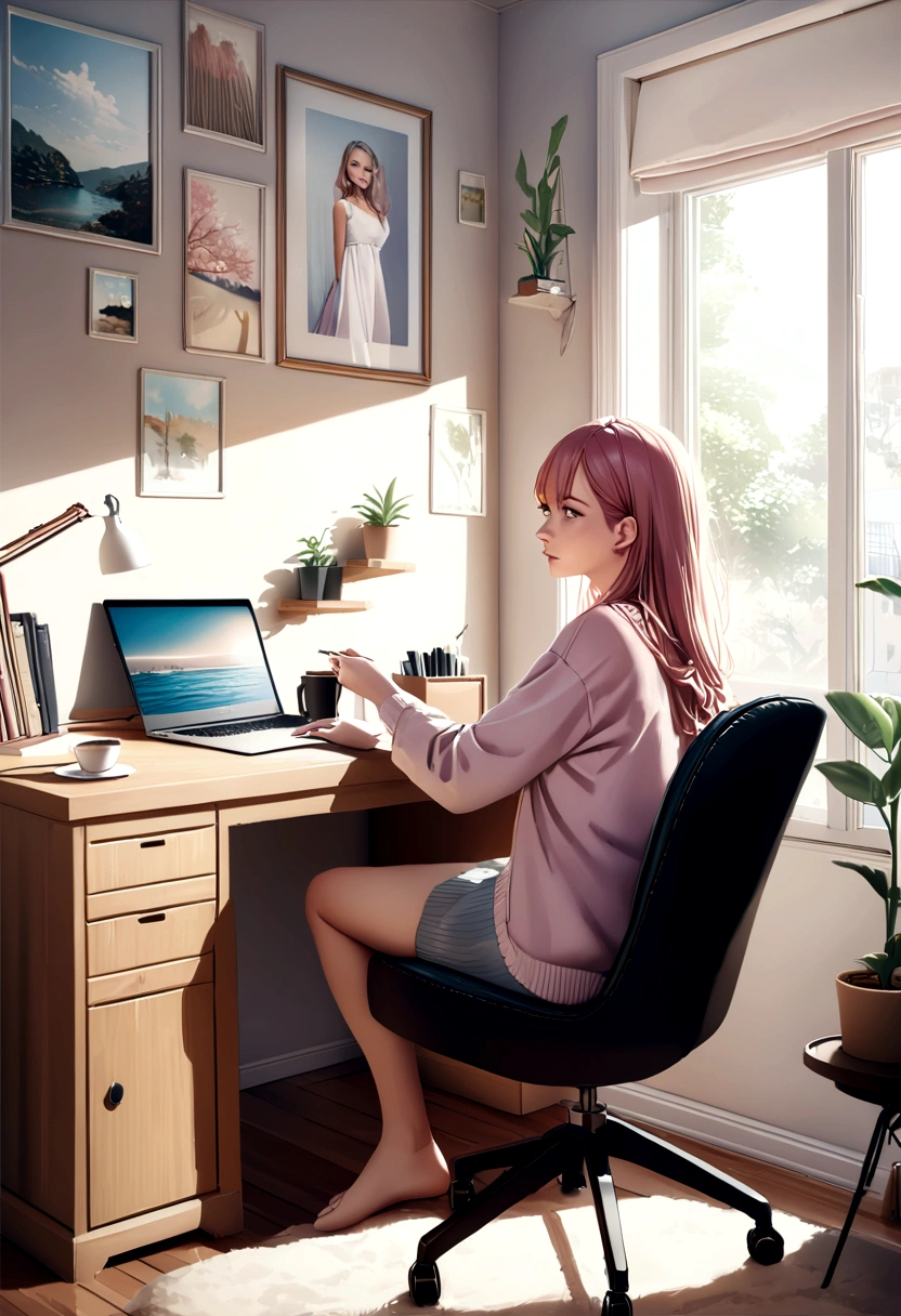 Girl Writing a Blog Post,Writing desk with laptop,Creative and stimulating environment,A cup of coffee,Clean workspace,Comfortable chair and desk,Modern and bright rooms,Inspirational quotes on the wall,Bright natural light,Indoor plants add freshness and positivity,Pastel color scheme,And comfortable carpet.-(Highest quality,4K,8K,High resolution,Tabletop:1.2),Super detailed,Realistic,Realistic:1.37,Portraiture,Vibrant colors,Warm lighting,Soft Shadows