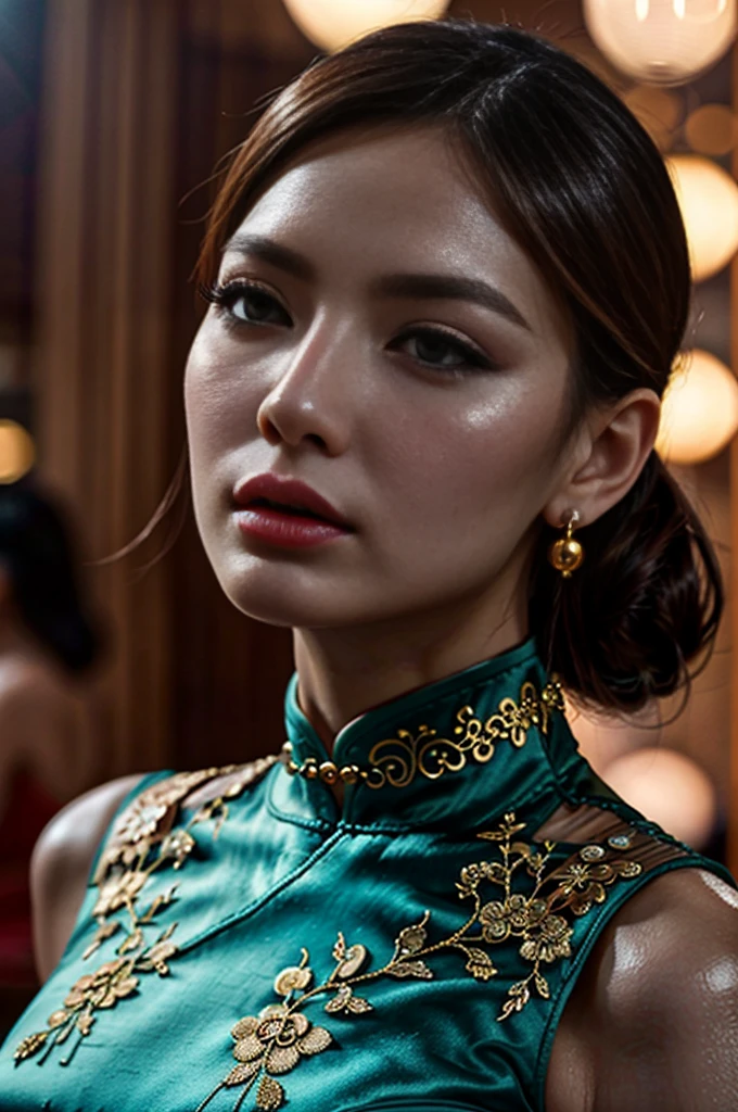 A beautiful woman in a tight cheongsam,Surrounded by accessories,In a crowded Chinese restaurant,(Best quality、4K、8K、high resolution、masterpiece:1.2)、Ultra Detail、(lifelike、照片般lifelike、照片般lifelike:1.37)、Delicate eyes、Delicate lips、Extremely detailed face、Long eyelashes、Intricate details、Gorgeous accessories、Gorgeous decoration、Warm Lights、Vibrant colors、Dramatic lighting、Atmospheric、Movie-like、Award-winning photography