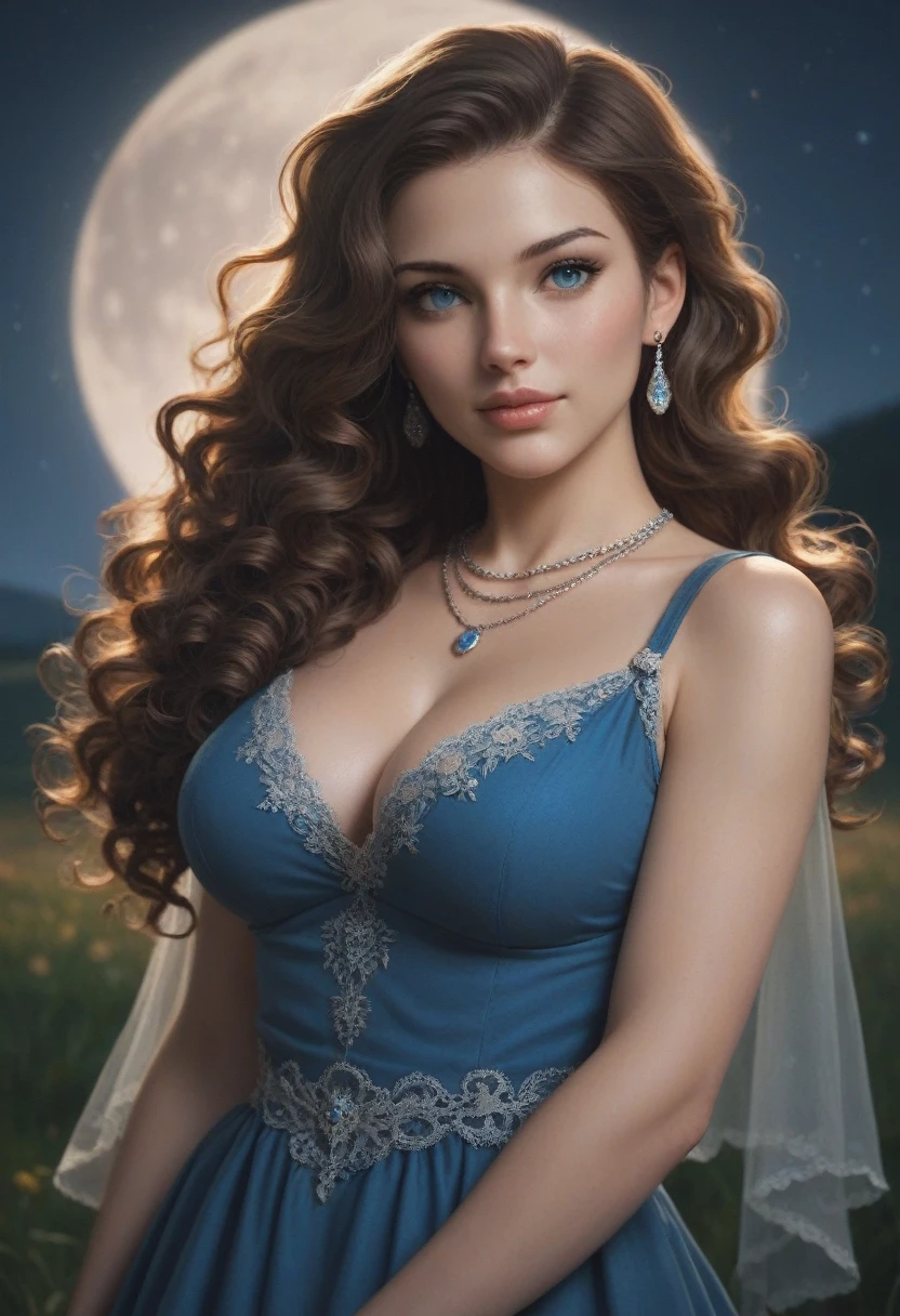 score_9, score_8_up, score_7_up, score_6_up, rating:safe, 1girl, solo, black_hair, wavy_hair, jewelry, dress, blue_eyes, earrings, long_hair, looking_at_viewer, curly_hair, upper_body, lips, lace, blue_dress, (night:1.3), cxqz8r, medieval_dress, medieval_landscape, fullmoon, rpg, dark_persona