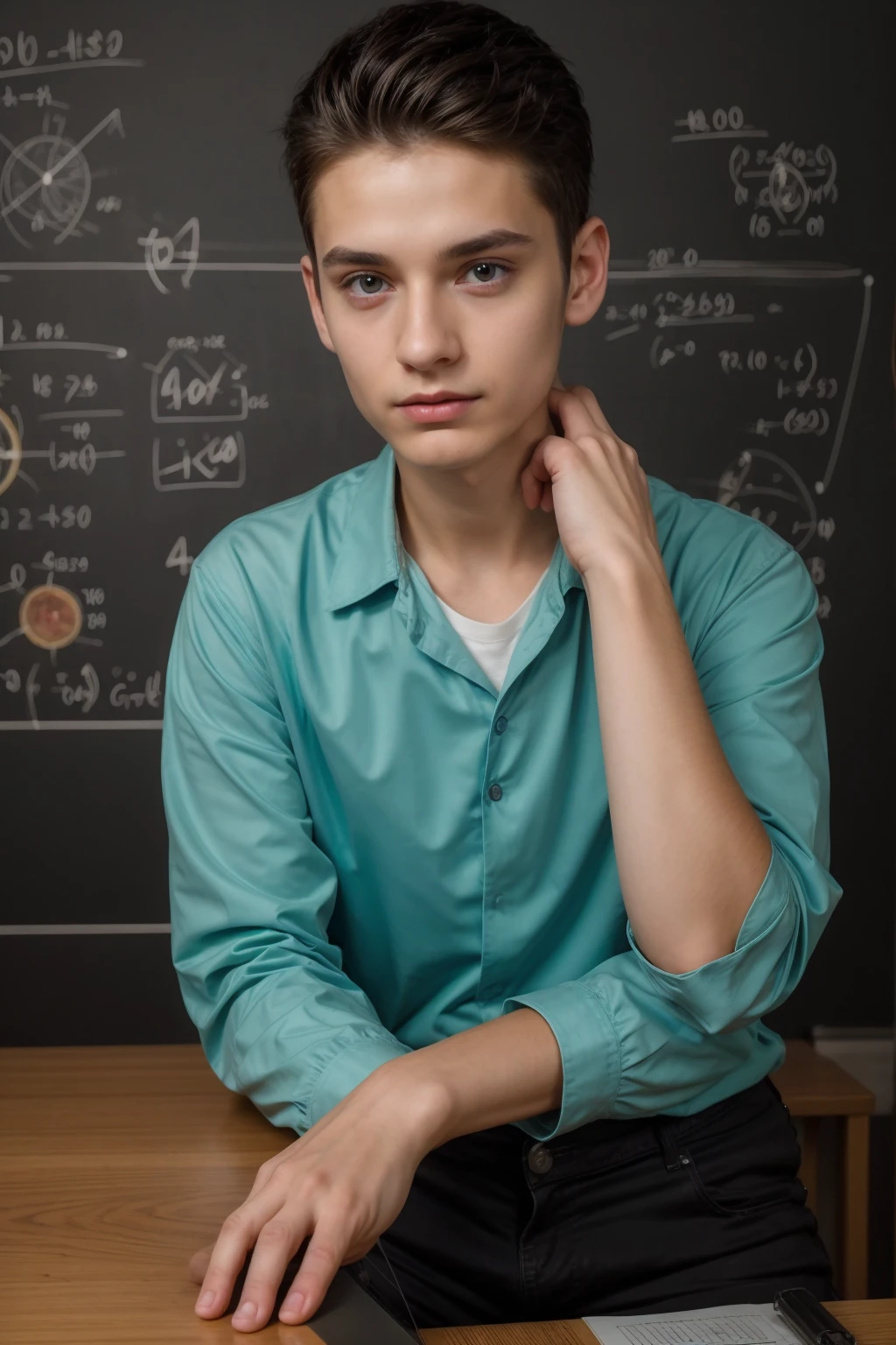A beautiful young twink, cute male, with black hair and a face with makeup. He is wearing a long-sleeved aquamarine shirt and black jeans. He is in his luxurious scientific office, and behind him is a blackboard with neurons and calculus written on it, and he looks in amazement and shock with his eyes beneath it. Dark circles, and he has a red face with makeup on while sitting in his office studying physics.