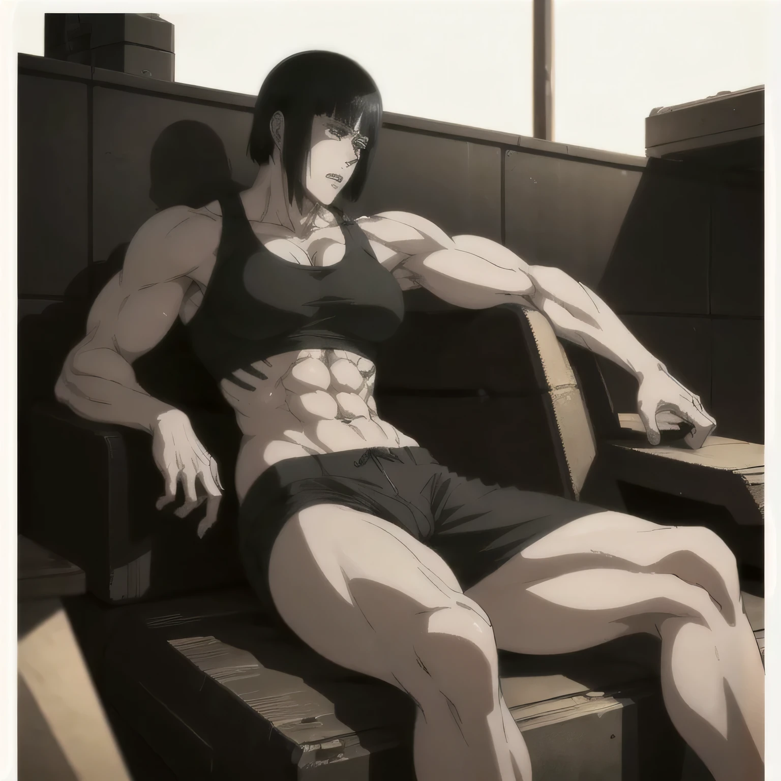(best quality,ultra-detailed,realistic:1.37),musclaur badass girl's with sculpted body with preview her musclaur body and muscles, half review of the female character's face and body, intense expression, strong and confident posture, studio lighting, vivid colors, physiologically-based rendering, grungy texture, rugged background, dust particles in the air, commanding presence, professional, powerful, gritty aesthetics,,Valmet،short hair,Light reflection on shoulders،wearing military male underwear and midriff tank top, tattoos on shoulders،sitting in bed,eyepatch,Shining muscles,Shining skin,sexy muscles,sleeping,Valmet only1