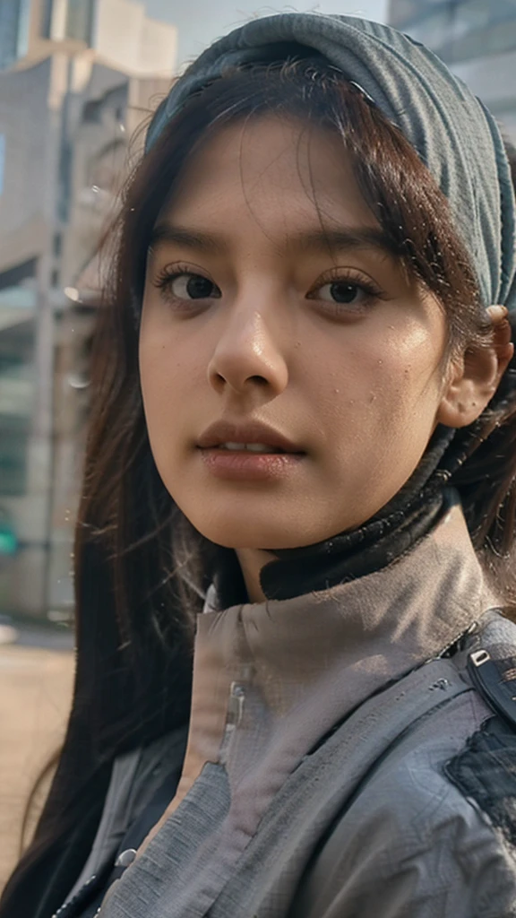 a woman in a hijab, medium bust size, wearing an indonesian civil servant uniform, exploring her chest, detailed face, detailed eyes, detailed lips, detailed nose, photorealistic, 8k, high quality, ultra-detailed, realistic skin, volumetric lighting, intricate details, chiaroscuro lighting, cinematic composition, dramatic atmosphere, muted color palette, specular highlights