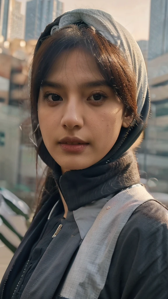 a woman in a hijab, medium bust size, wearing an indonesian civil servant uniform, exploring her chest, detailed face, detailed eyes, detailed lips, detailed nose, photorealistic, 8k, high quality, ultra-detailed, realistic skin, volumetric lighting, intricate details, chiaroscuro lighting, cinematic composition, dramatic atmosphere, muted color palette, specular highlights