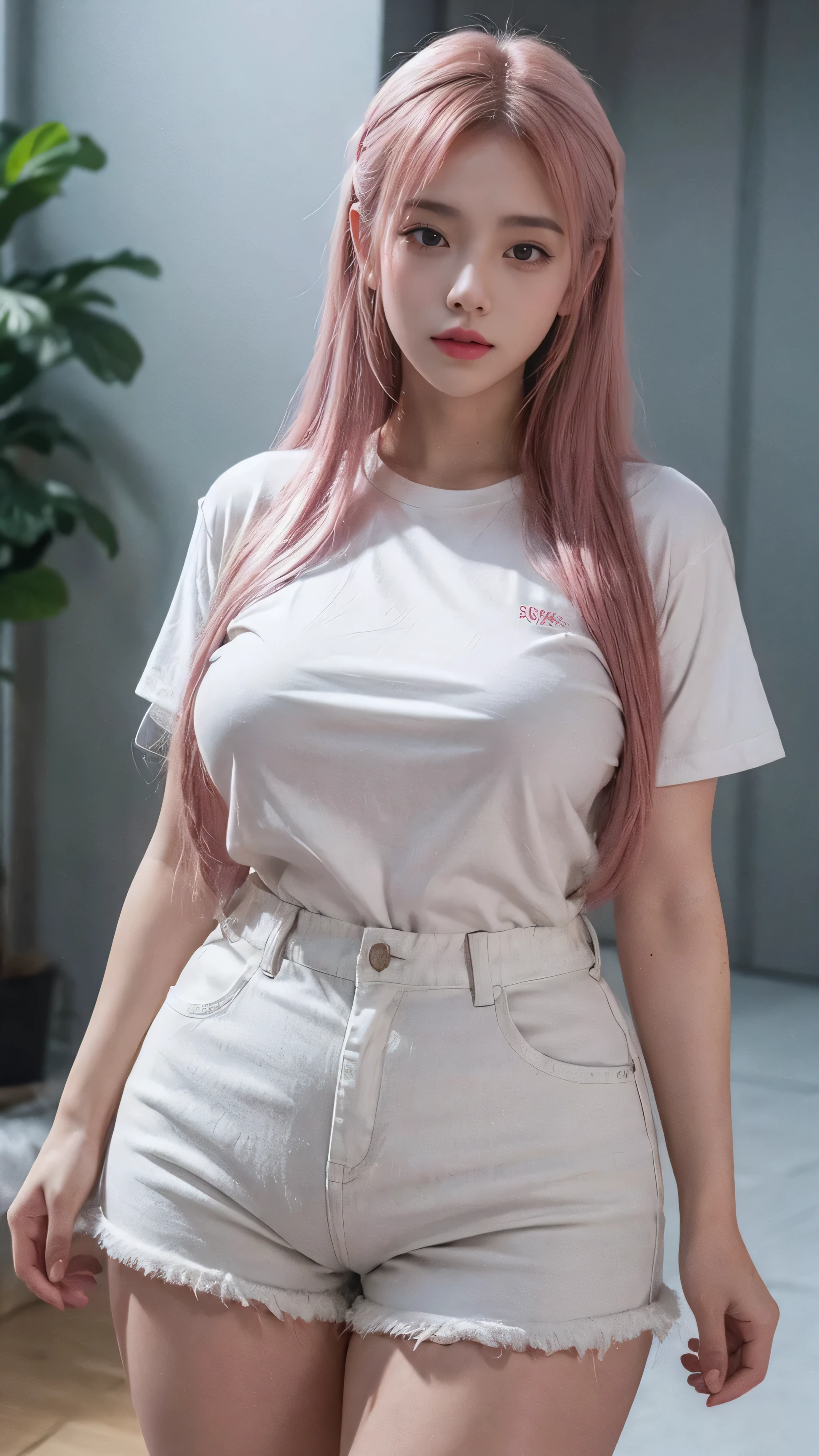 21yo girl,pink hair,long hair, wearing oversize white t-shirt, hot pants, natural medium breast, show big thigh, plump body,single sidelock hairpin blush modern cinematic lighting,ray tracing,drop shadow wide shot UHD,textured skin,high details,best quality 4K