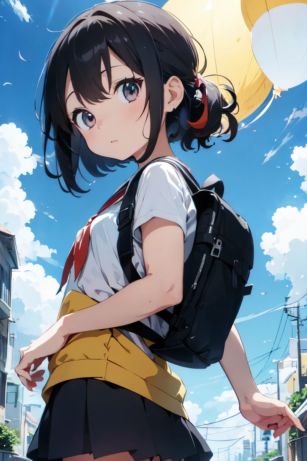 Anime-style  from a Low Perspective
((masuter piece,Best Quality,Ultra-detailed)), ((Lower Angle)),1  in, big eyes, Sunken cheeks, School backpack, colorful clothes, playful expression, cartoonish design, shallow perspective, minimalistic yet expressive style,orable, child-like innocence, inspired by Studio Ghibli, style of Studio Ghibli, whimsical textures, beautiful anime art, anime art wallpaper 4k, anime art for kids, child-friendly minimalism, bright colors, cheerful atmosphere.
