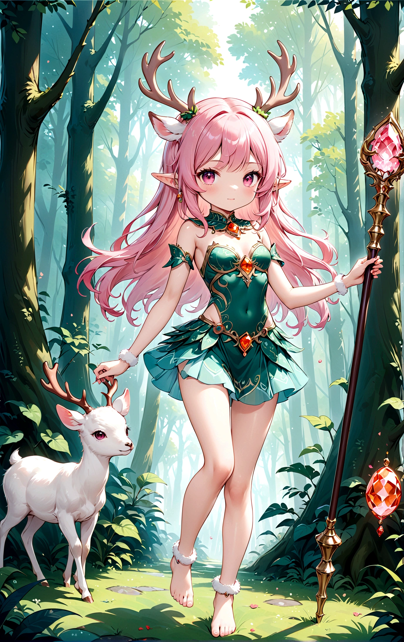 game character,Cartoon anime style,beautiful girl,Cute expression,Fluffy pink hair,Pink Eyes,Cute pink deer antlers,Elf ears,Orange tulle short skirt,Metal gem-encrusted scepter glows,Slender legs,Standing barefoot,Foot ring。(((Correct human anatomy))),In the magic forest,A cute white deer