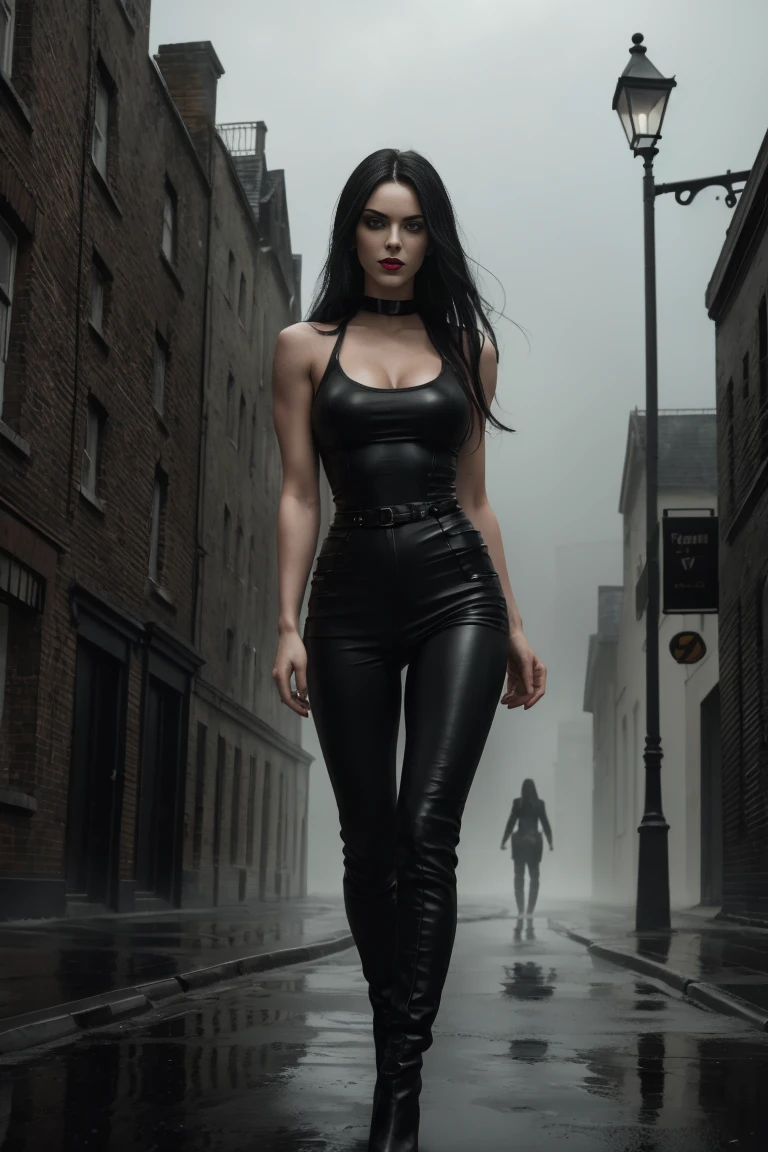 Full body shot a beautiful 25 years old British female vampire, long black hair, green eyes, red lips, muscular body, tight black sleeveless tank top with a deep neckline and black leather tight pants, mid-thigh black leather boots with bird heels view from front, waist up shot, dynamic pose, dark gloomy foggy night in victorian era london, desolate deserted street scene, epic mood, dark shadows, fog, rain, lightning, background foggy, eerie shadow detailed high resolution digital photo