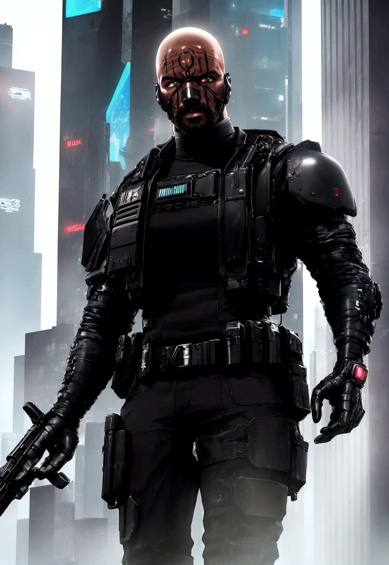 (masterpiece, 32k, 8k, cgi, cyberpunk effect), man, 46 years old, tanned black skin, deep green eyes, serious expression, bald, black Swat uniform, cyberpunk city setting, full black beard, face with very masculine features, tall and muscular man