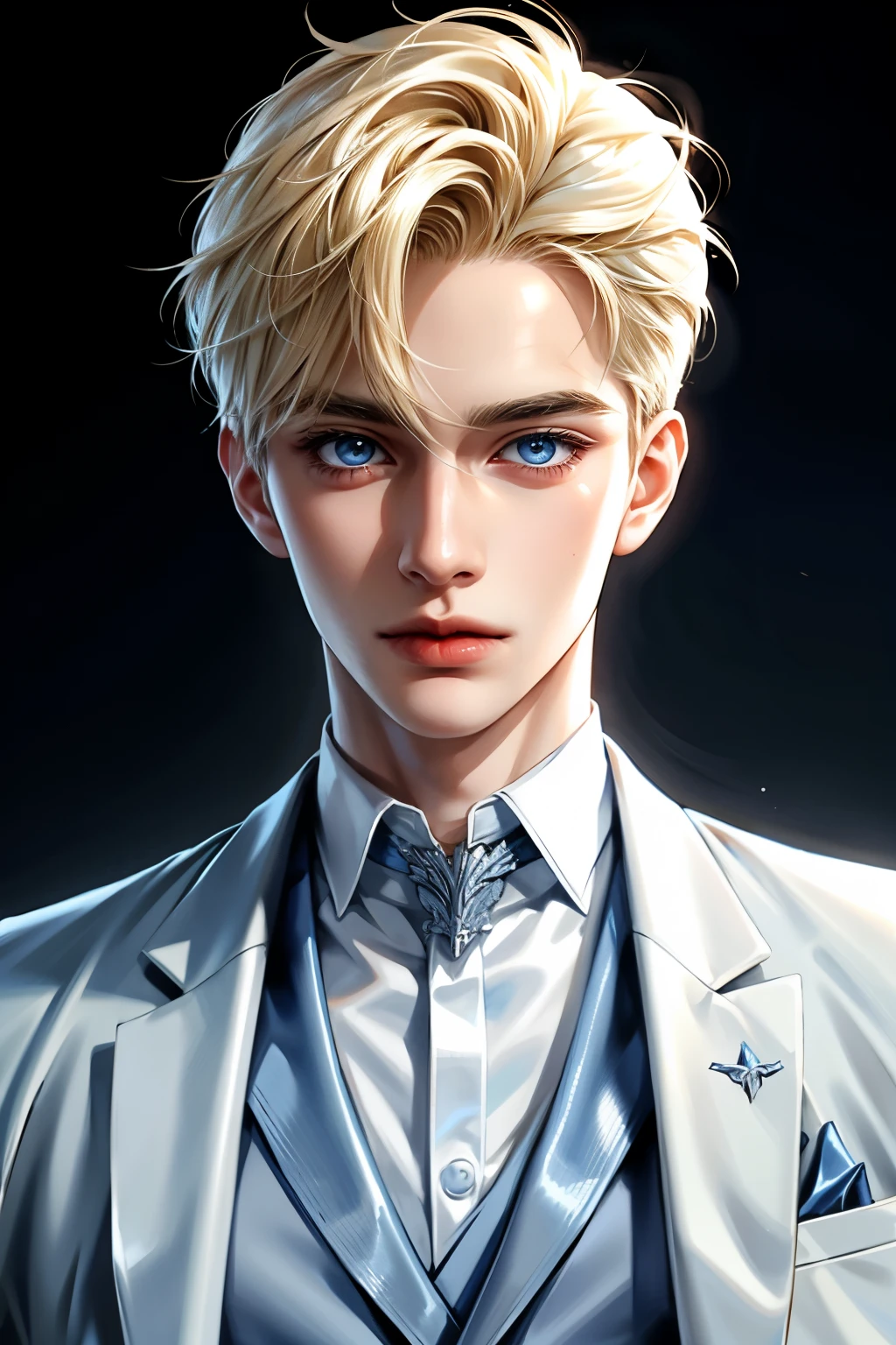 Boy, blonde hair, sky blue eyes, sharp features, white skin, shiny lips, handsome, formal suit