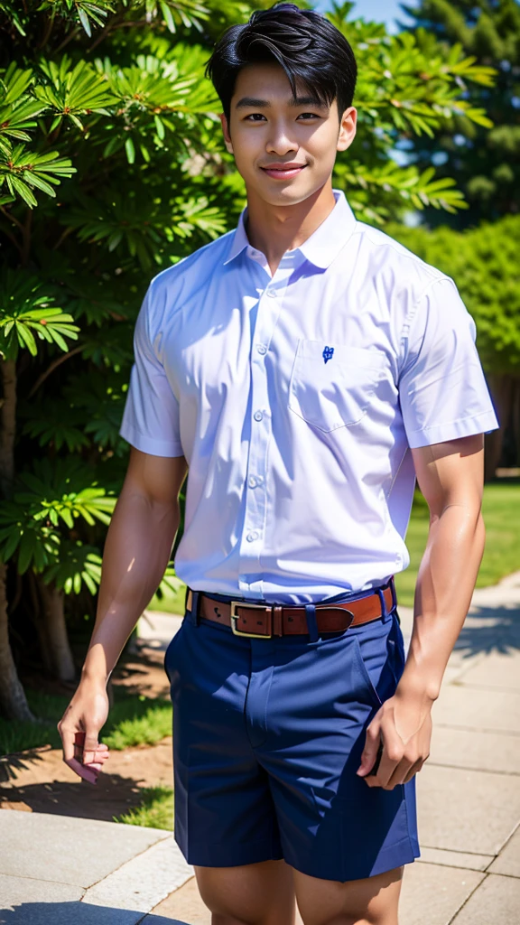 (Create a masterpiece: 1.2),(CGI art:1.3),(realistic:1.5),(After processing:1.3),(Sharp focus:1.3),10,1 man, smile, (Wear a white school shirt.), (Dark blue shorts:1.2),brown belt, Korean guy , korean men, (High gloss details), chest muscles, large arm muscles, blood vessel, Big muscles, Broad shoulders, looking at the audience, Balancing the eyes, forest, mountain, (Make eye contact)