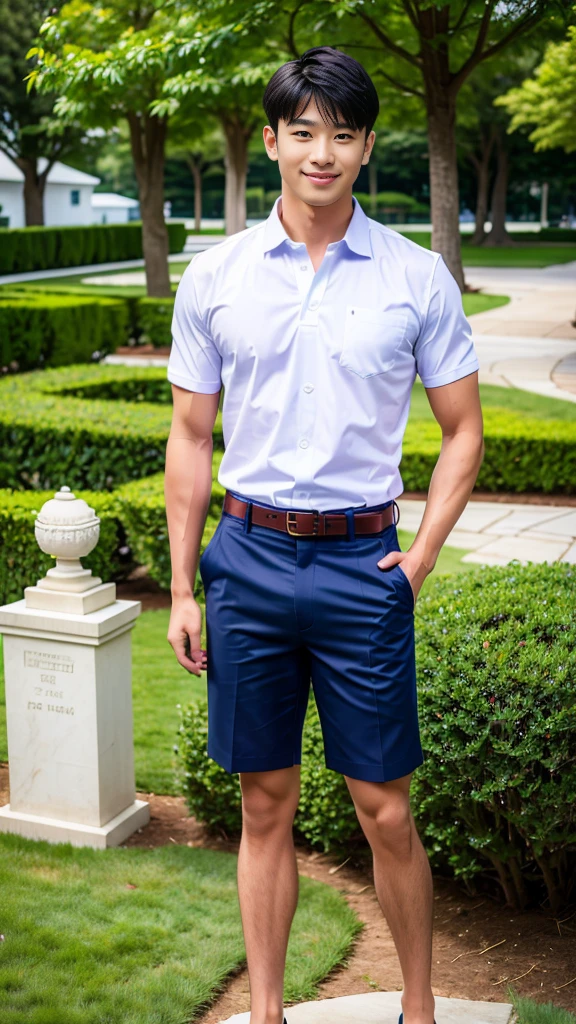(Create a masterpiece: 1.2),(CGI art:1.3),(realistic:1.5),(After processing:1.3),(Sharp focus:1.3),10,1 man, smile, (Wear a white school shirt.), (Dark blue shorts:1.2),brown belt, Korean guy , korean men, (High gloss details), chest muscles, large arm muscles, blood vessel, Big muscles, Broad shoulders, looking at the audience, Balancing the eyes, forest, mountain, (Make eye contact)