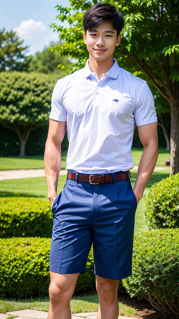 (Create a masterpiece: 1.2),(CGI art:1.3),(realistic:1.5),(After processing:1.3),(Sharp focus:1.3),10,1 man, smile, (Wear a white school shirt.), (Dark blue shorts:1.2),brown belt, Korean guy , korean men, (High gloss details), chest muscles, large arm muscles, blood vessel, Big muscles, Broad shoulders, looking at the audience, Balancing the eyes, forest, mountain, (Make eye contact)