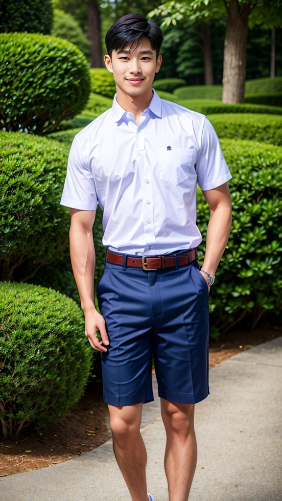 (Create a masterpiece: 1.2),(CGI art:1.3),(realistic:1.5),(After processing:1.3),(Sharp focus:1.3),10,1 man, smile, (Wear a white school shirt.), (Dark blue shorts:1.2),brown belt, Korean guy , korean men, (High gloss details), chest muscles, large arm muscles, blood vessel, Big muscles, Broad shoulders, looking at the audience, Balancing the eyes, forest, mountain, (Make eye contact)