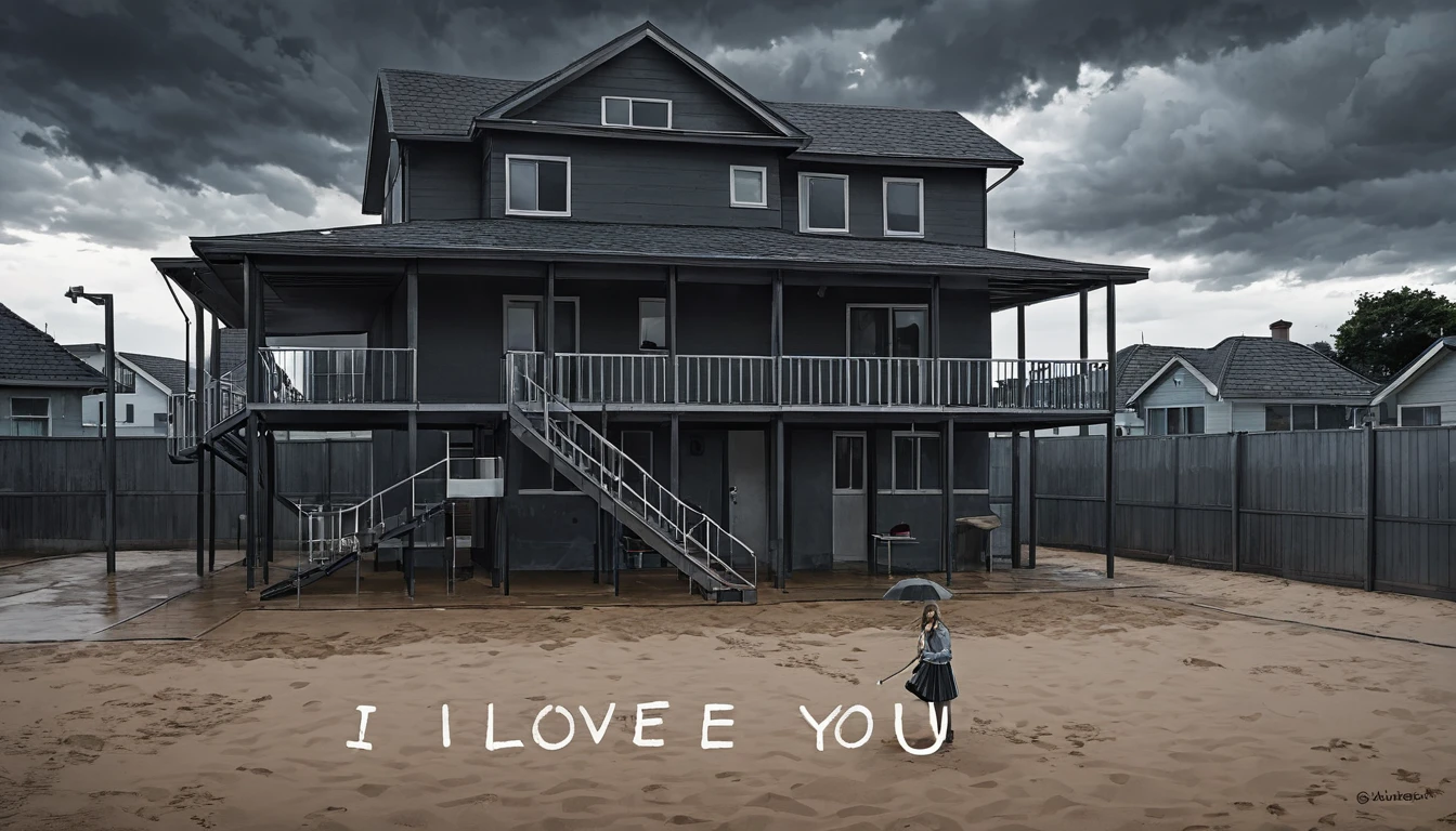 A dark and cloudy day with a sky full of dark clouds. A girl is crouching on a playground in front of a tile-roofed house, holding an umbrella in one hand and writing i love you in the sand with the other.