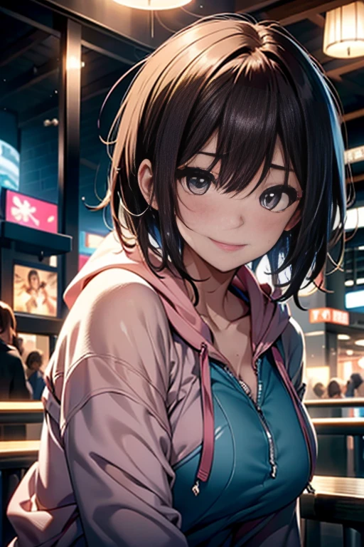Blushing、Laugh shyly、(Beautiful girls)、(Brown short hair),D Cup、Dreamy eyes、A smile that captivates the viewer、Take a look at the photographer、Sweaty skin、Staring at the audience、Pink hoodie,Perfect round face,,Proper body balance,Intricate details,Very delicate and beautiful hair,Photo Real,dream-like,Professional Lighting,Realistic Shadows,Focus Only,Detailed clothing features,Detailed hair features,Detailed facial features,Highest quality,Ultra-high resolution output images,) ,(8K quality,),(SeaArt 2 Mode.1:1.3),,(Picture Mode Ultra HD,)
