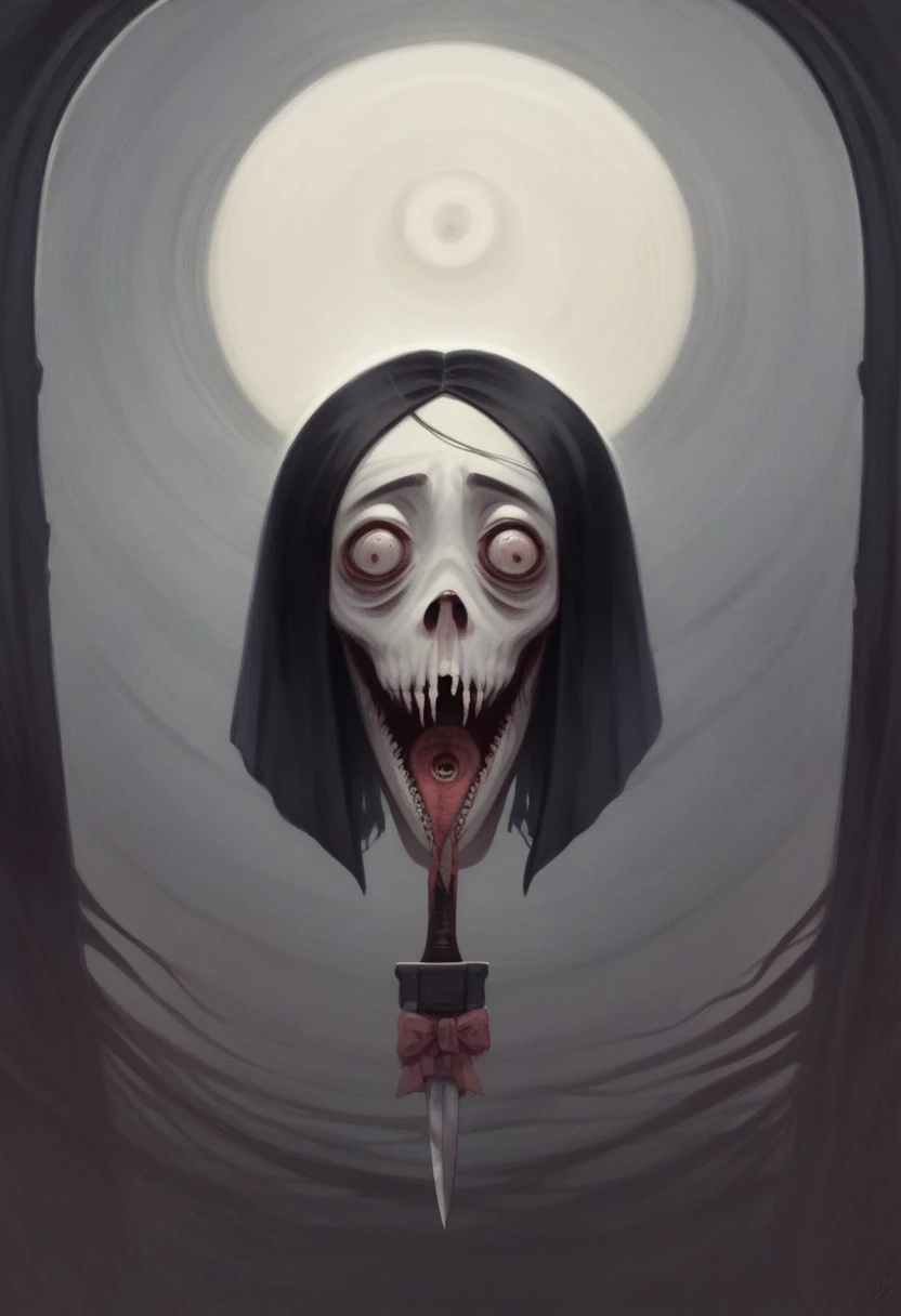 there is a woman with a knife in her mouth and a picture of a demon on the wall, horror surreal art, horror fantasy art, fantasy horror art, ( ( ( horror art ) ) ), horror art, dark fantasy horror art, digital horror artwork, detailed 4k horror artwork, horror surrealism, horrific digital art, creepy surrealism, elegant horror artwork