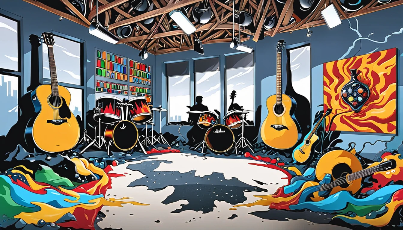 Masterpiece; Guitars and drums in a small science lab(((several science bottles around the room))); World map on the wall. Beatles and Stones complete with speakers and glass flasks of chemistry, embody the resilience and tenacity of the scientific community, infused with a bold graphic allure that enlivens the spirit of science. The design penetrates layers of depth, integrating the raw essence and vibrant cores of Rio de Janeiro culture. Brushstrokes that incorporate the fluid energy of graffiti on guitars and acoustic guitars weave around dynamic geometric shapes, adorning the laboratories with an evocative masterpiece that speaks to the heart of the intersection between two diverse worlds. Majestically rendered in high definition and vibrant color, every detail bursts with life, inviting viewers to marvel at the beauty that; by Monet