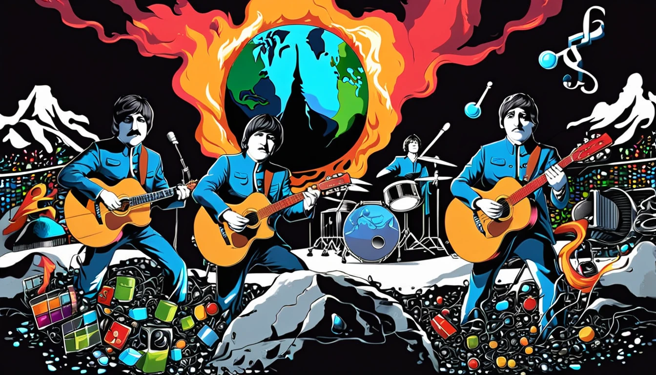 Masterpiece; Guitars and drums in a small science lab(((several science bottles around the room))); World map on the wall. Beatles and Stones complete with speakers and glass flasks of chemistry, embody the resilience and tenacity of the scientific community, infused with a bold graphic allure that enlivens the spirit of science. The design penetrates layers of depth, integrating the raw essence and vibrant cores of Rio de Janeiro culture. Brushstrokes that incorporate the fluid energy of graffiti on guitars and acoustic guitars weave around dynamic geometric shapes, adorning the laboratories with an evocative masterpiece that speaks to the heart of the intersection between two diverse worlds. Majestically rendered in high definition and vibrant color, every detail bursts with life, inviting viewers to marvel at the beauty that; by Monet