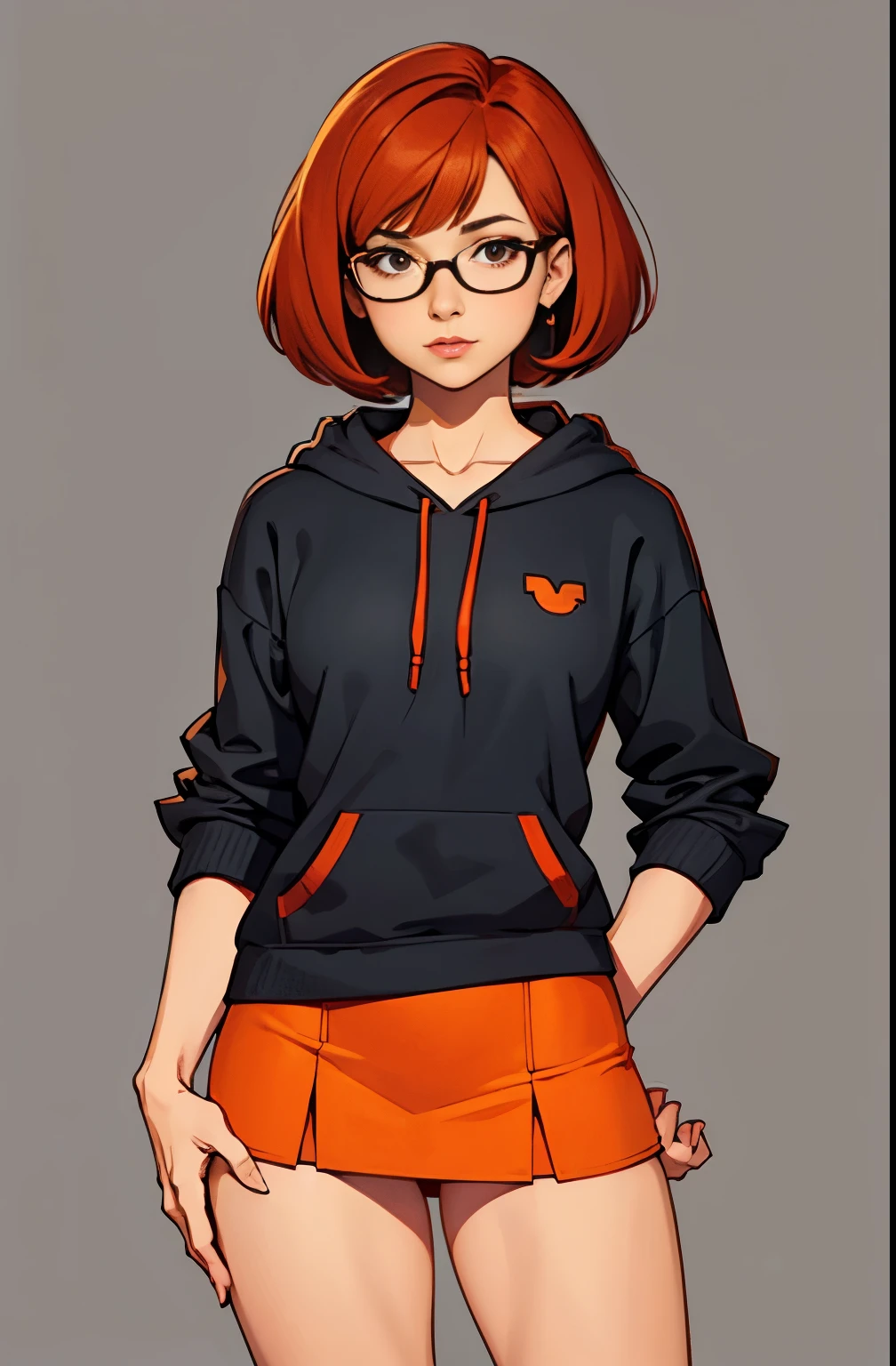 girl, hot, portrait, small breasts, slim, short red hair, bangs, glasses, velma dinkley, warm, soft or colored lips, orange hoodie, mini skirt, simple background, plain colors, perfect hands, perfect anatomy,