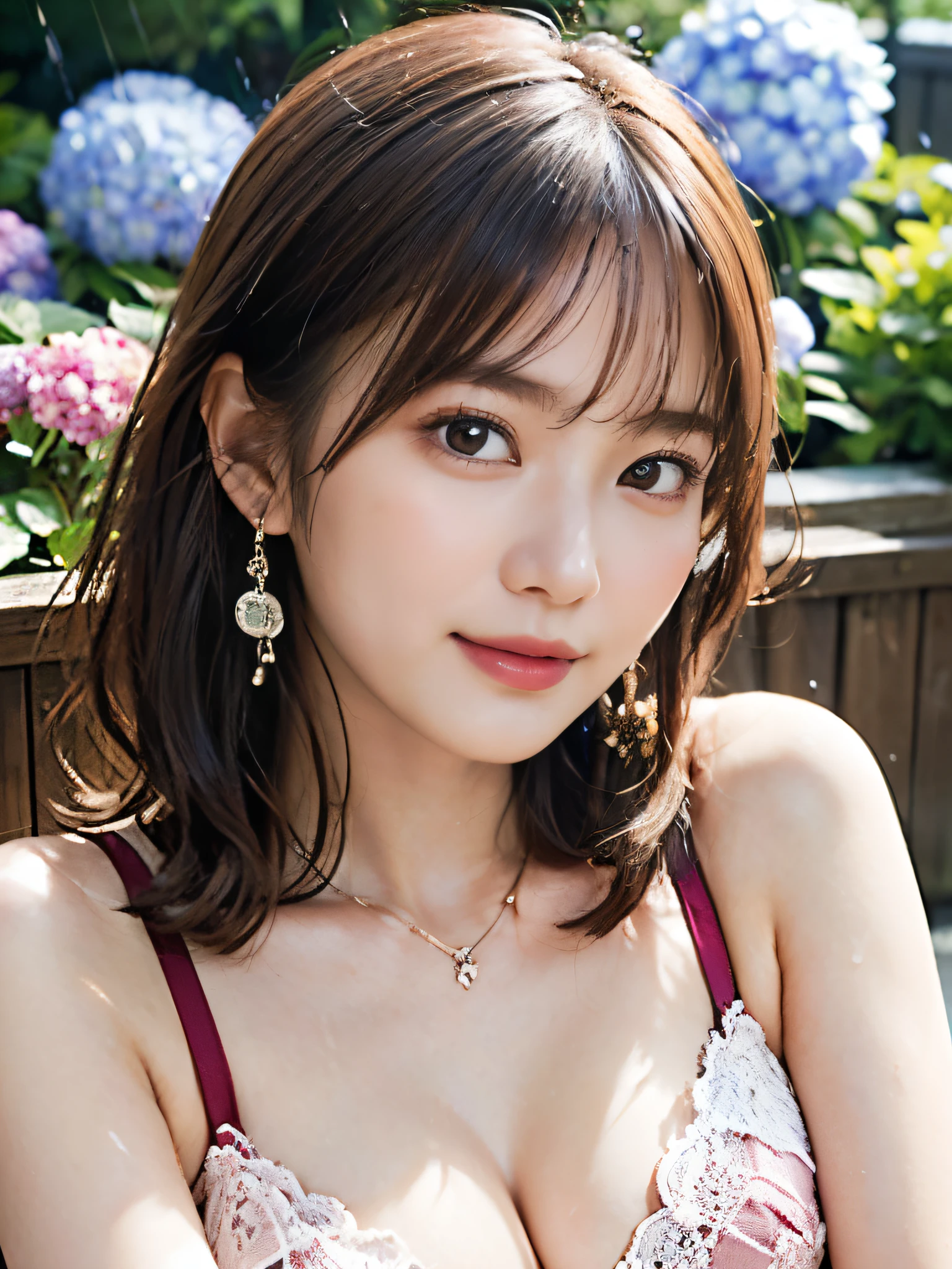 nsfw, (masterpiece, 8k, best quality, RAW photo, photo realistic, ultra detailed), (beautiful Japanese girl), slender, 20yo, kawaii, cute, detailed face, (thin eyebrow), detailed skin, (light brown hair), (wavy hair), (medium hair), (wet hair) , blush, (small breasts), cleavage, (bra:1.3), (panties:1.2), (cameltoe), (lace underwear:1.3), (wedgie), navel open, earrings, (necklace), bracelet, hair ornament, (looking at viewer:1.4), (smile:1.2), (happy), (spread legs), (close-up face:1.3), (arm behind head:1.2), BREAK (blooming hydrangeas of various colors:1.3), (Japanese garden:1.2), (cowboy shot), (rain), cloudy