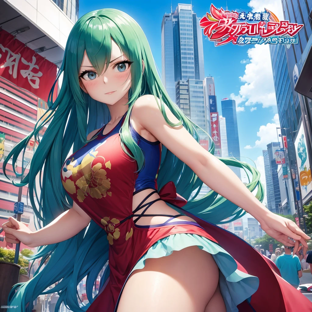 Create a sexy girl with long, flowing blue red and alluring green or amethyst eyes. Dress theme Athletic prep, currently in Tokyo Japan, Eating takoyaki.