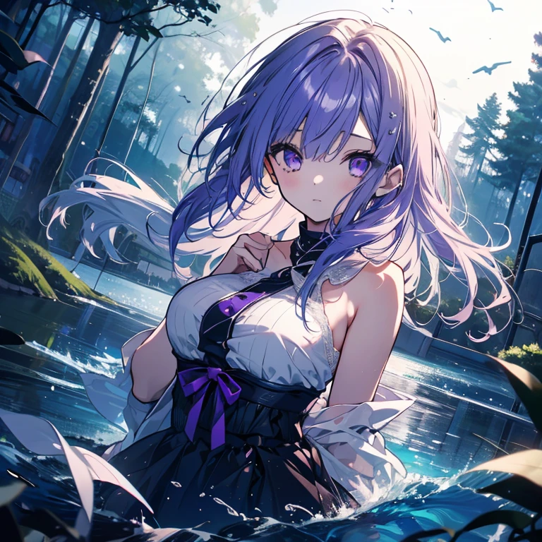 1 girl、Mature、Ample breasts、Purple Hair、Long Hair、Sharp Eyeidnight、Floating on the lake、Lying on your back、Hair spreading on the water surface、Close ~ eyes、Put your hands together in front of your chest、moonlight shines in、dress、Sleeping、In the water、Stray Hair、Sparkling water surface、Star dust、Mysterious Forest、High resolution、Highest quality