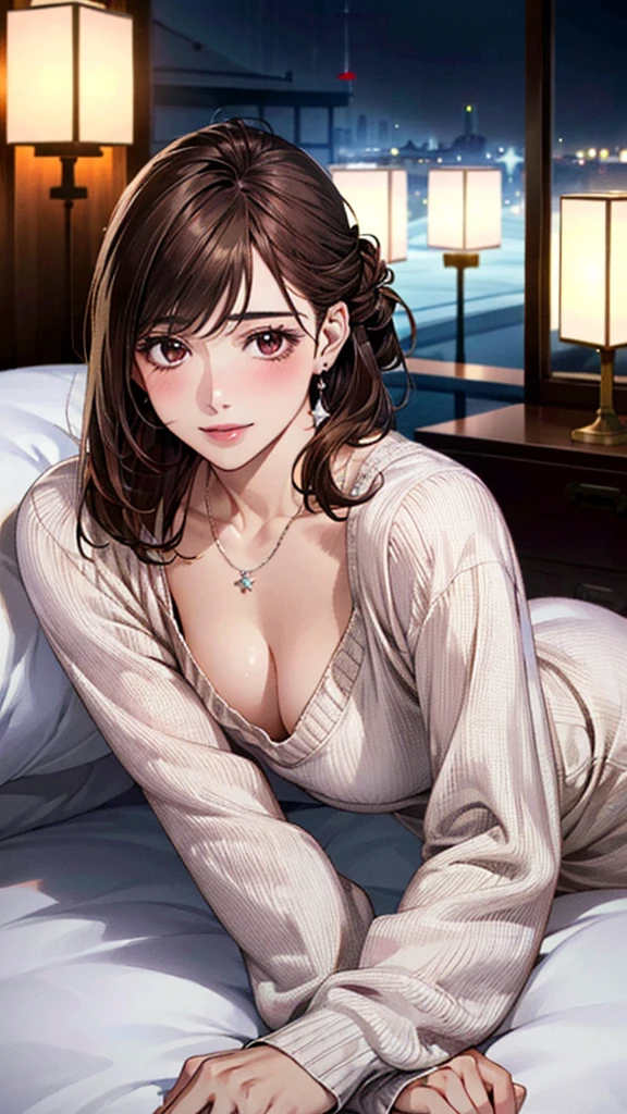 (masterpiece:1.3, Highest quality, Ultra-high resolution, Super detailed), (Realistic, photoRealistic:1.4), Beautiful illustrations, Perfect lighting, colorful, Depth of written boundary, Beautiful detailed hair, Beautifully detailed face, Beautiful fine details, Droopy eyes、Beautiful clavicle, Beautiful body, 美しいLarge Breasts, Beautiful thighs, Beautiful feet, Beautiful fingers, View Viewer、Front view:0.6, Beauty1人, Japanese, Beauty、30 years old, Perfect Face, (Perfect Anatomy, Anatomically correct), Cute and symmetrical face, Baby Face, , Shiny skin, (Pink long sleeve knit A-line dress:1.4) 、(short boots:1.3)、(Dark brown hair, Updo Hair:1.4), braided bangs、Dark brown eyes, Large Breasts, Slim body, necklace, Small earrings:1.1, (Beautiful views),(night),( A luxury hotel room),((Lying in bed)), pose、 A soft smile、(Smile, Lips parted),