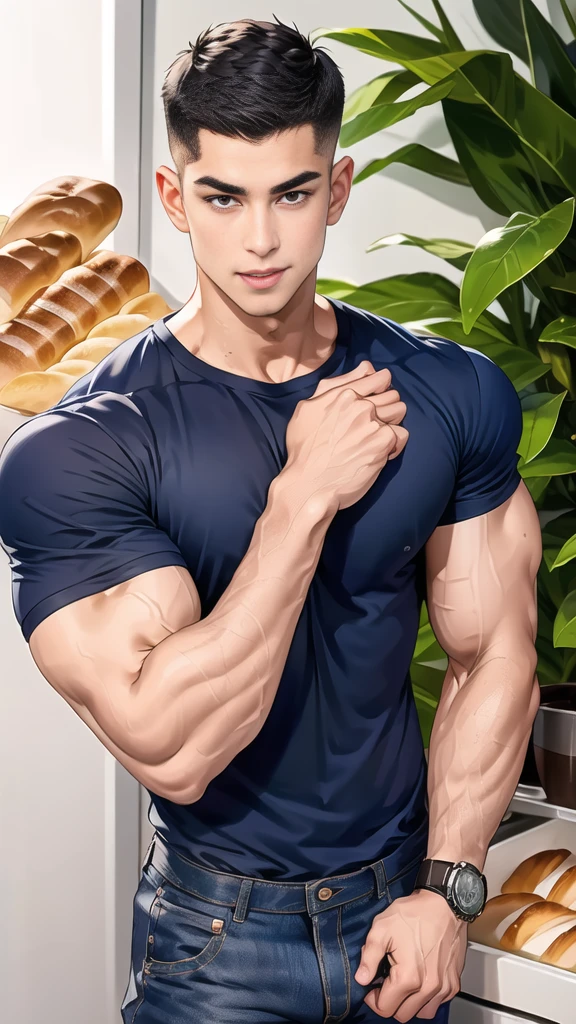 (handsome Man),(crew cut short hair:1.8),black eye,(Wear a fitted round neck t-shirt in navy with a police badge.:1.5),(fit neck),Navy blue jeans,(black_gloves:1.2), Korean guy,chest muscles,large arm muscles,blood vessel,Big muscles,Broad shoulders, (open mouth:1.2),(face up:1.2),(open eyes:1.5), middle of the road,smile, In front of the bread shop, (bread in hand:1.3)