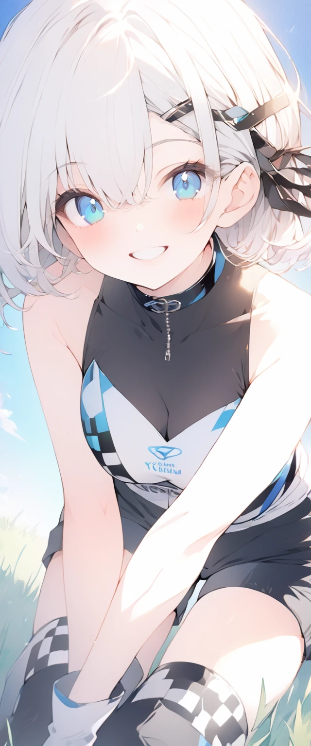 beautiful, masterpiece, Highest quality, anime, One girl, C Cup,Portrait Shot, View your viewers, Covered、Short Hair、nearby、Blue Eyes、art、、White hair,Blue streaked hair、wallpaper、hairpin、Thighs、navel、Floating sci-fi hair accessories、Sci-fi knee-high boots、Cute、Torn sci-fi underskirt、Torn sci-fi combat uniform、smile、tits