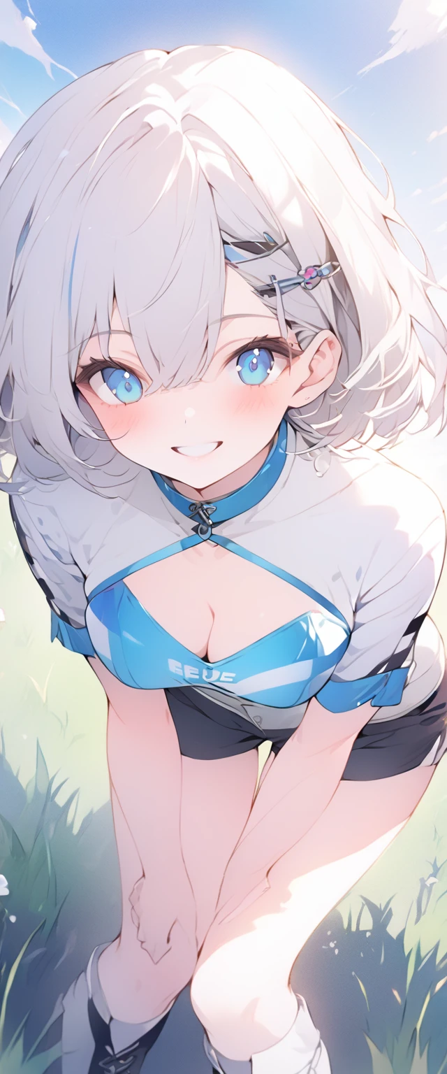 beautiful, masterpiece, Highest quality, anime, One girl, C Cup,Portrait Shot, View your viewers, Intricate details,>,((Covered、Short Hair、nearby、Blue Eyes、art、、White hair,Blue streaked hair、wallpaper、、hairpin、smile、Race Queen、Thigh、Knee-high boots、blue sky、smile、Bright atmosphere、Be extremely happy、Shorts、grass