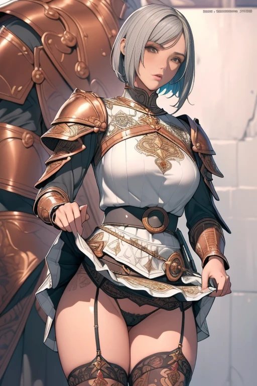 {best quality}, {very aesthetic}, {ultra-detailed}, {best illustration}, masterpiece,(((skirt lift:1.5))),((show off vertical stripes pattern panties)),garter belt,((Holy Knight)), ((Armor made from black copper))、((((Extremely detailed and intricately decorated armour:1.1)))),Red Cowboy Shot,Smooth udder、Big Tits、(Golden Ratio,Tabletop, Highest quality, Highest quality, Official Art, beautifully、beautiful:1.2), Very detailed, colorful,Best details,An illustration, Great scene, (Adult,19 years old,One Girl, alone, Final Fantasy 12,Asheria:1.5, Asheria:1.5, Asheria:1.5, short hair, short hair,Bobcut,Silver Hair:1.2,Asheria Costume:1.5, Asheria Costume:1.5, mini skirt,Knee socks, Thighs Thighs Thighs Thighs, gem, Blue Belt,Belt number 1),Course of action, A look of contempt ,