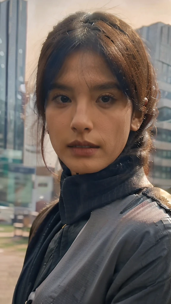a woman in a hijab, medium bust size, wearing an indonesian civil servant uniform, exploring her chest, detailed face, detailed eyes, detailed lips, detailed nose, photorealistic, 8k, high quality, ultra-detailed, realistic skin, volumetric lighting, intricate details, chiaroscuro lighting, cinematic composition, dramatic atmosphere, muted color palette, specular highlights